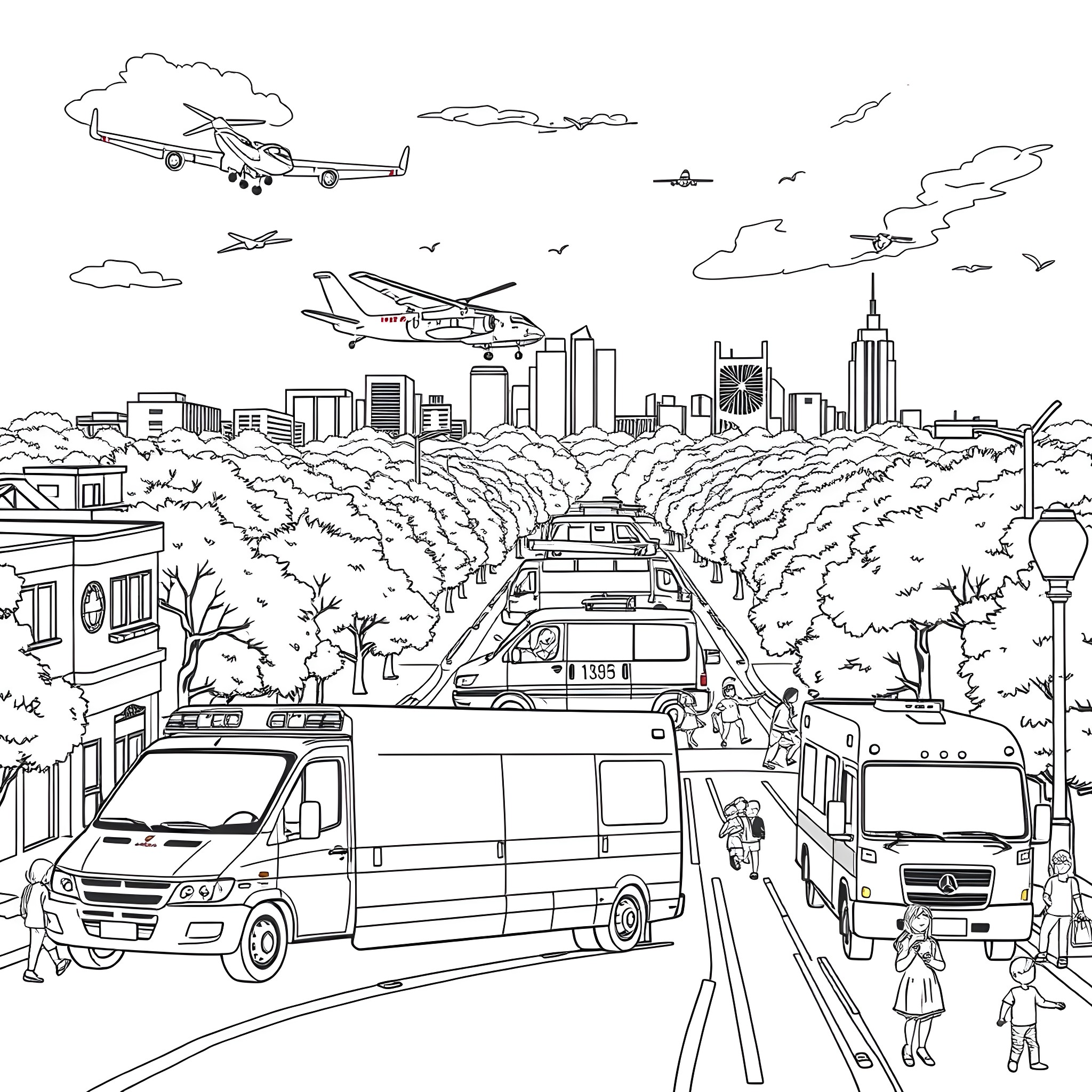Air Ambulance Responding to Emergency Situation in Urban City Coloring Page (free black-and-white line drawing printable PDF for all, from beginners to advanced learners, including children, teens, adults, and seniors)