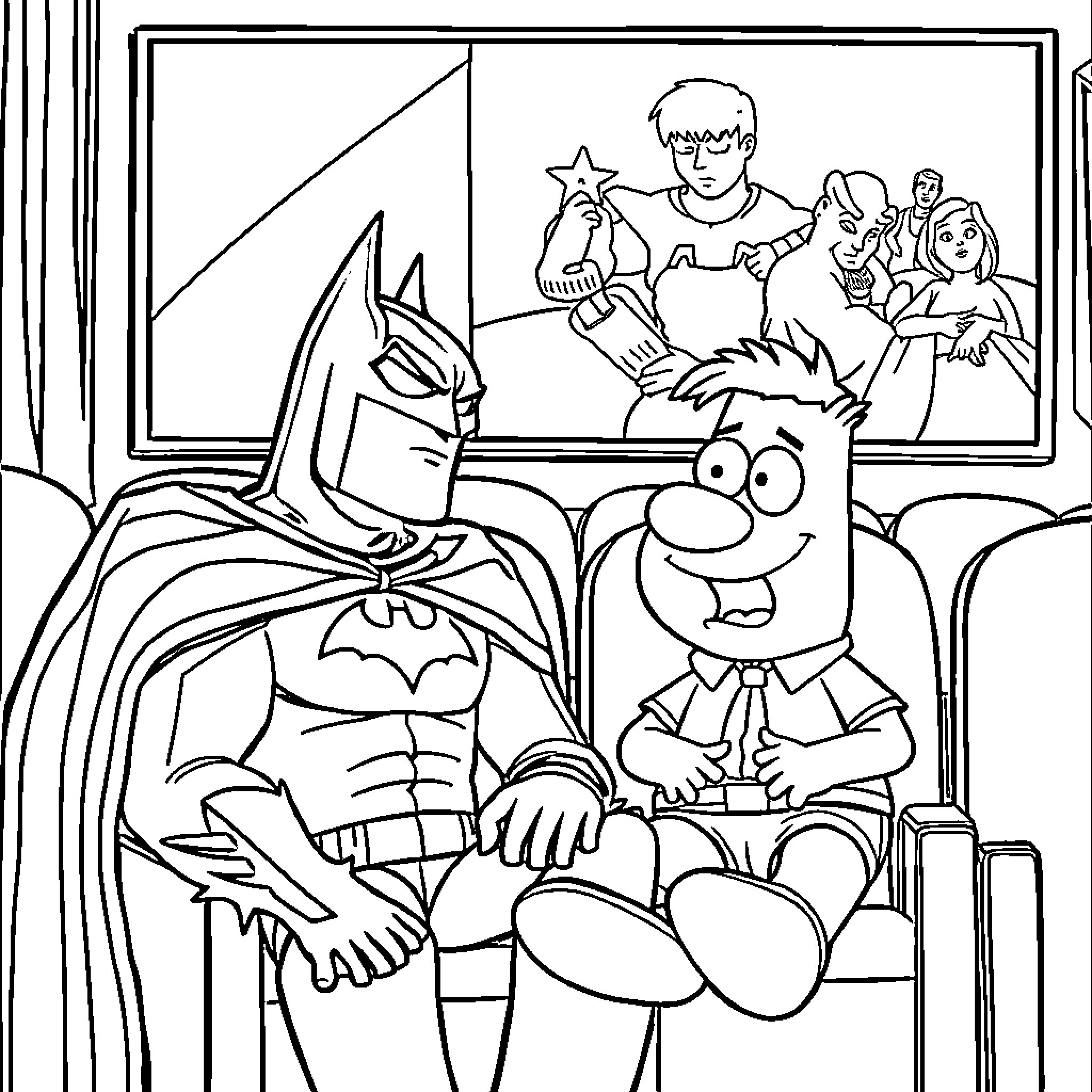 Batman and Robin Enjoying a TV Show Together Coloring Page (free black-and-white line drawing printable PDF for all, from beginners to advanced learners, including children, teens, adults, and seniors)