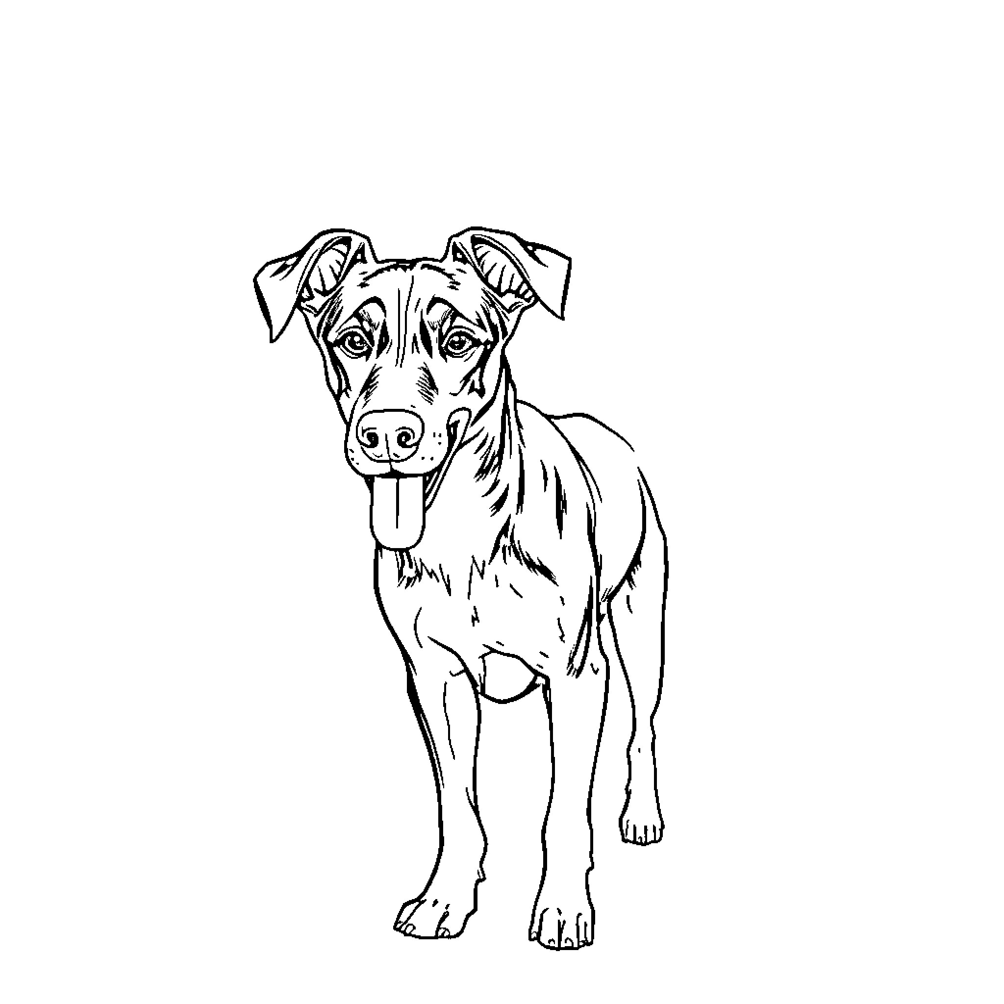 Dog standing happily in the room Coloring Page (free black-and-white line drawing printable PDF for all, from beginners to advanced learners, including children, teens, adults, and seniors)