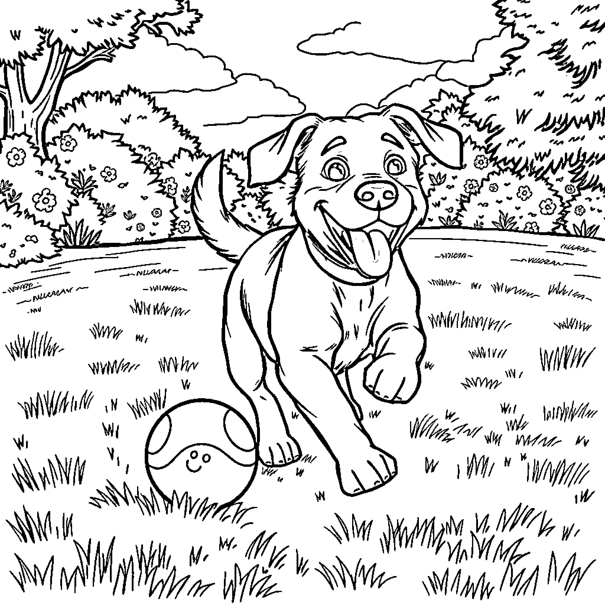 Dog playing joyfully in a lush outdoor scene Coloring Page (free black-and-white line drawing printable PDF for all, from beginners to advanced learners, including children, teens, adults, and seniors)