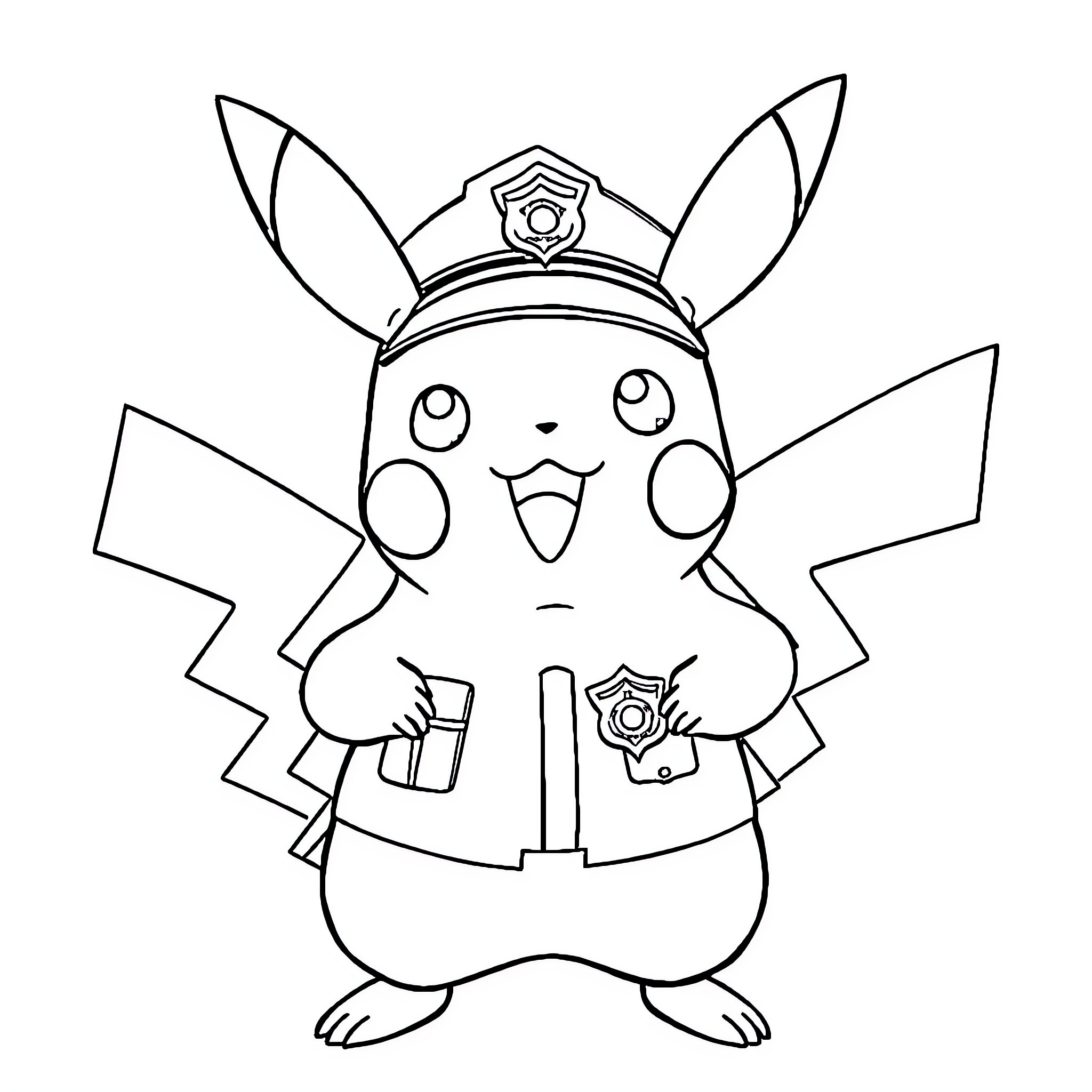 Pikachu in Police Officer Uniform Coloring Page (free black-and-white line drawing printable PDF for all, from beginners to advanced learners, including children, teens, adults, and seniors)