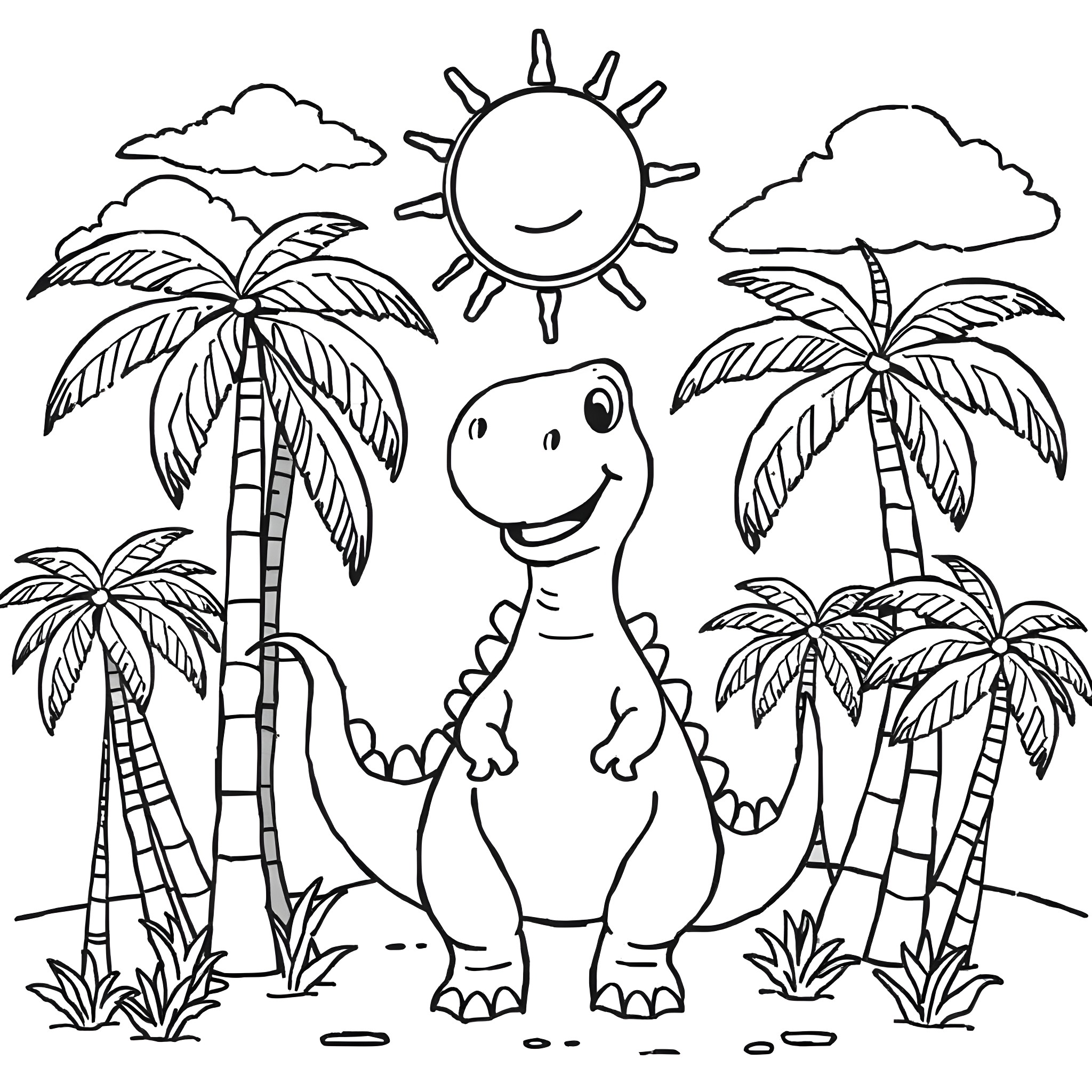 Dinosaur enjoying a sunny day in the tropical jungle Coloring Page (free black-and-white line drawing printable PDF for all, from beginners to advanced learners, including children, teens, adults, and seniors)