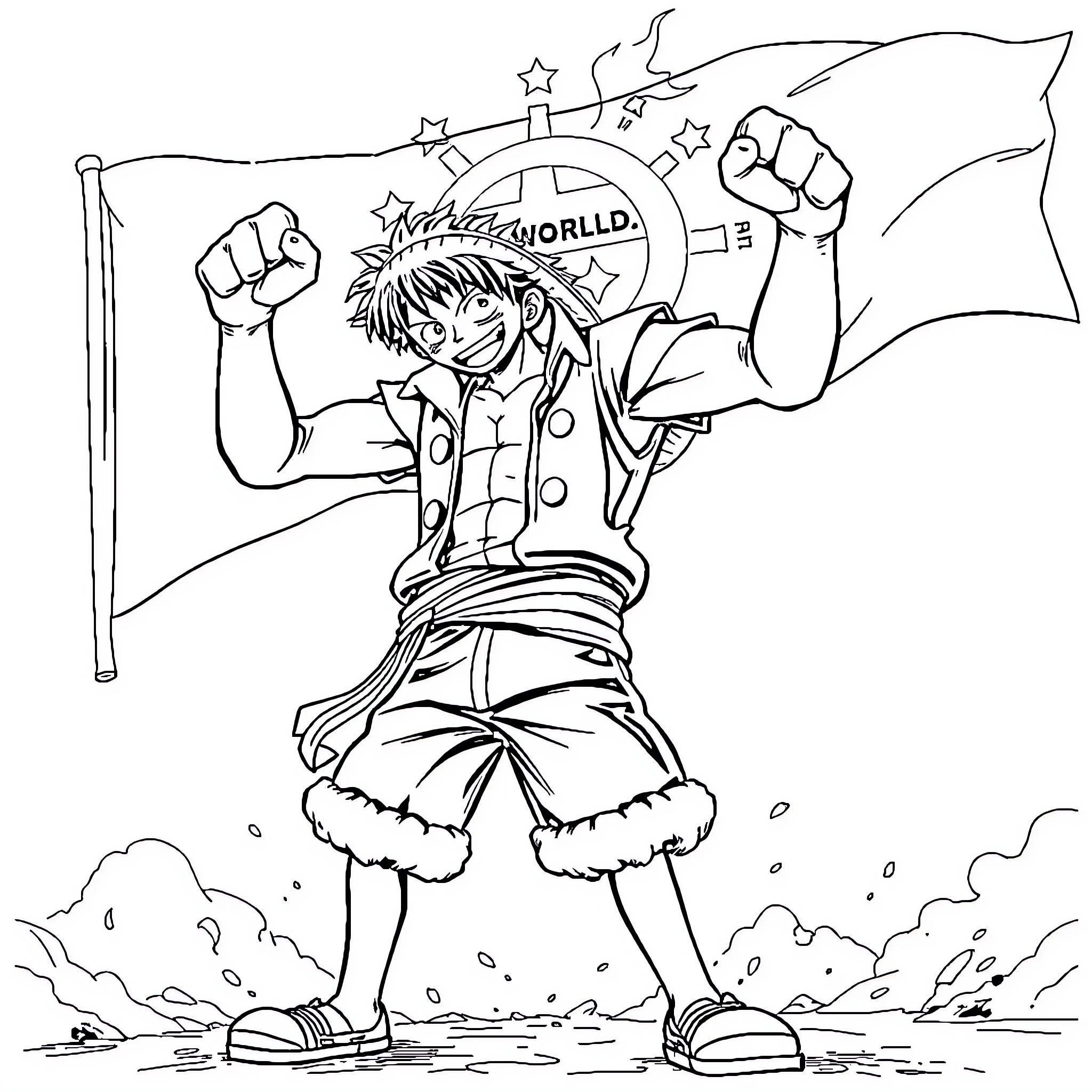 Luffy's Triumphant Fist in the Air Coloring Page (free black-and-white line drawing printable PDF for all, from beginners to advanced learners, including children, teens, adults, and seniors)