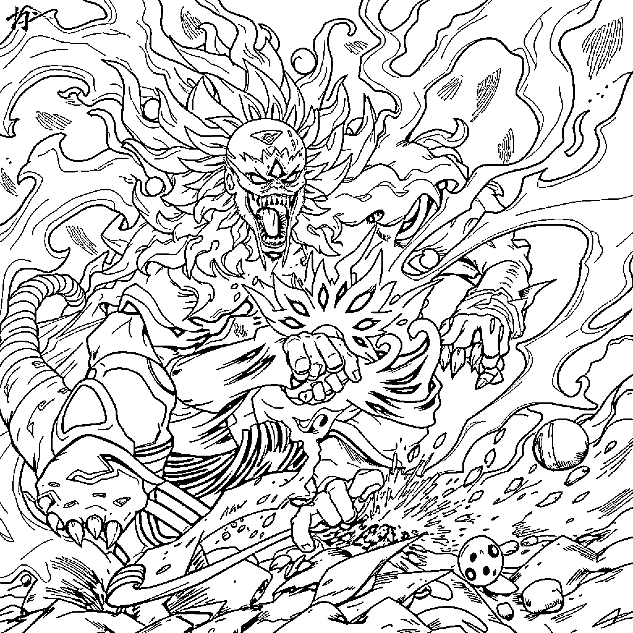 Kurama's Fiery Rampage: A Demonic Unleashing Coloring Page (free black-and-white line drawing printable PDF for all, from beginners to advanced learners, including children, teens, adults, and seniors)