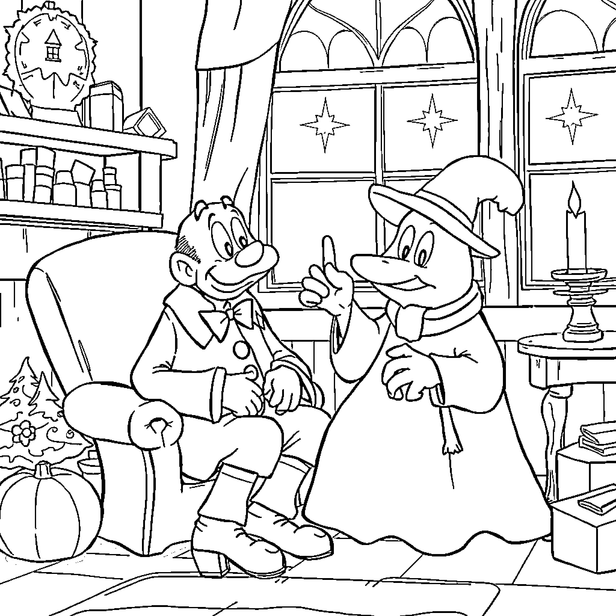 Scrooge Confronted by Ghostly Figures in Christmas Scene Coloring Page (free black-and-white line drawing printable PDF for all, from beginners to advanced learners, including children, teens, adults, and seniors)