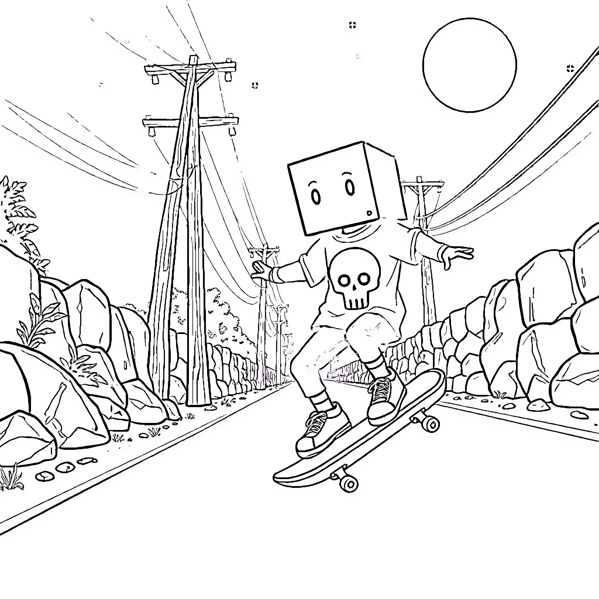 Box-Headed Character Skateboarding in Surreal Landscape Coloring Page (free black-and-white line drawing printable PDF for all, from beginners to advanced learners, including children, teens, adults, and seniors)