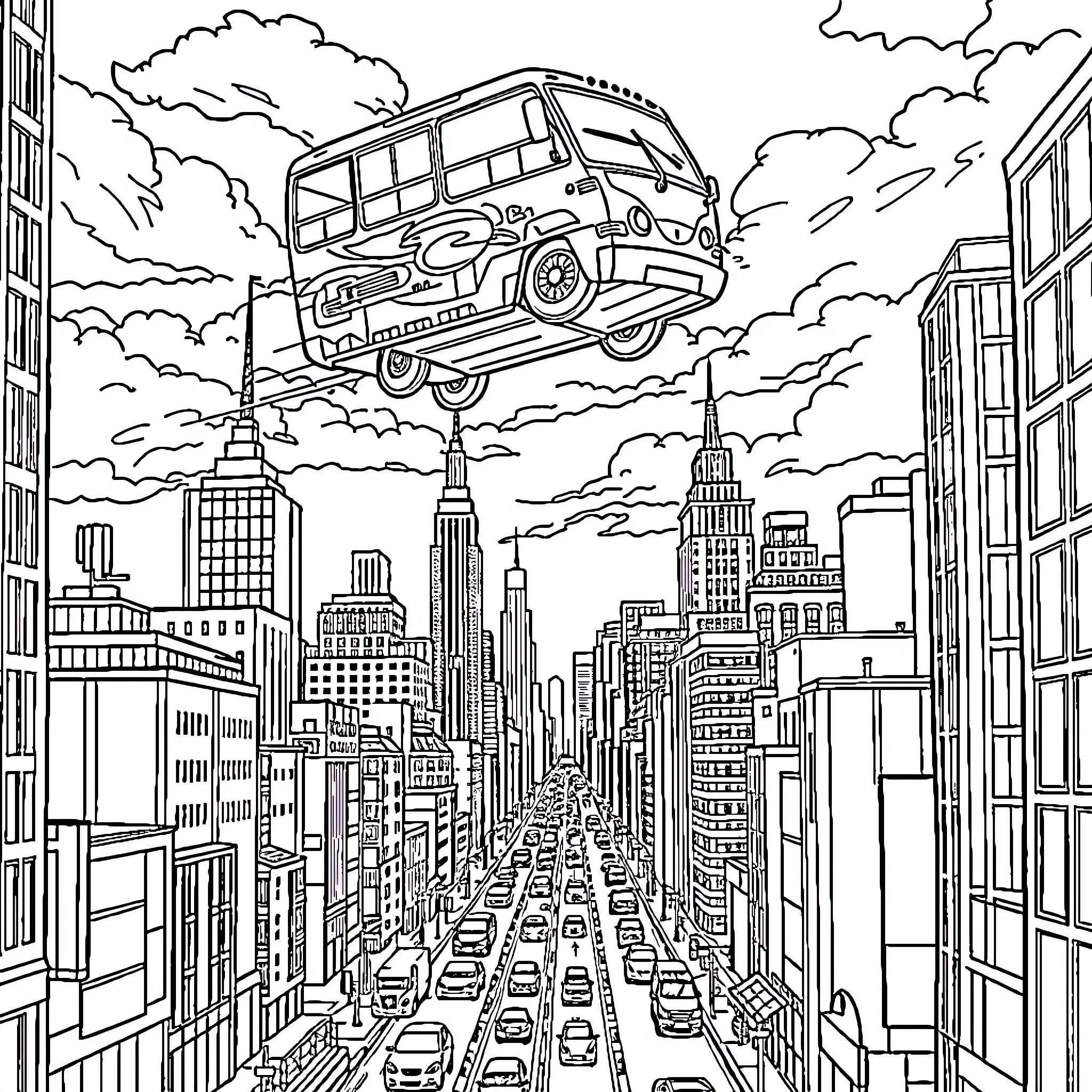 Bus flying over bustling city skyline Coloring Page (free black-and-white line drawing printable PDF for all, from beginners to advanced learners, including children, teens, adults, and seniors)