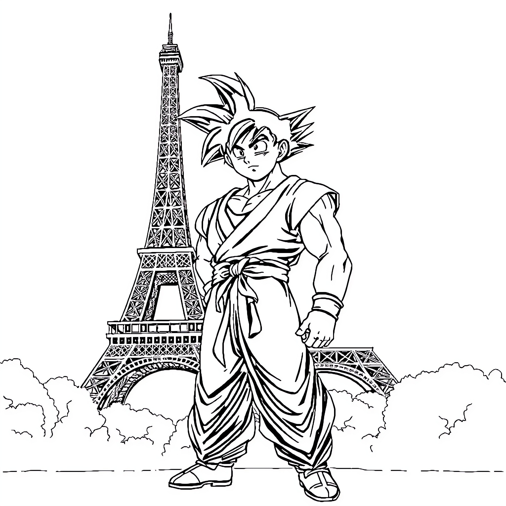 Goku's Adventure in the City of Lights Coloring Page (free black-and-white line drawing printable PDF for all, from beginners to advanced learners, including children, teens, adults, and seniors)
