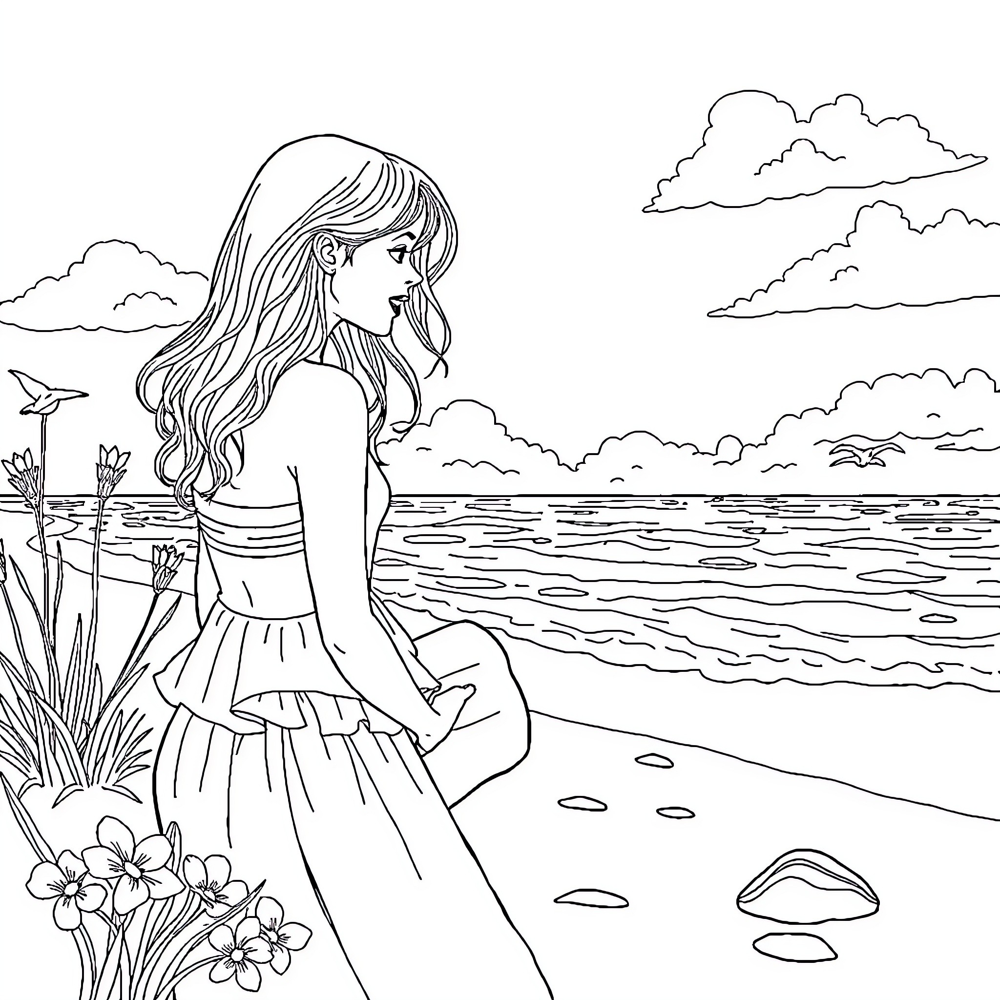 Summer by the Serene Seashore Coloring Page (free black-and-white line drawing printable PDF for all, from beginners to advanced learners, including children, teens, adults, and seniors)