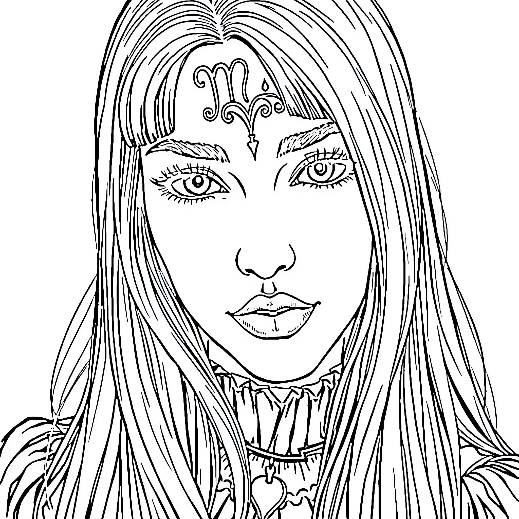 Witch with Mystical Symbols and Long Hair Coloring Page (free black-and-white line drawing printable PDF for all, from beginners to advanced learners, including children, teens, adults, and seniors)