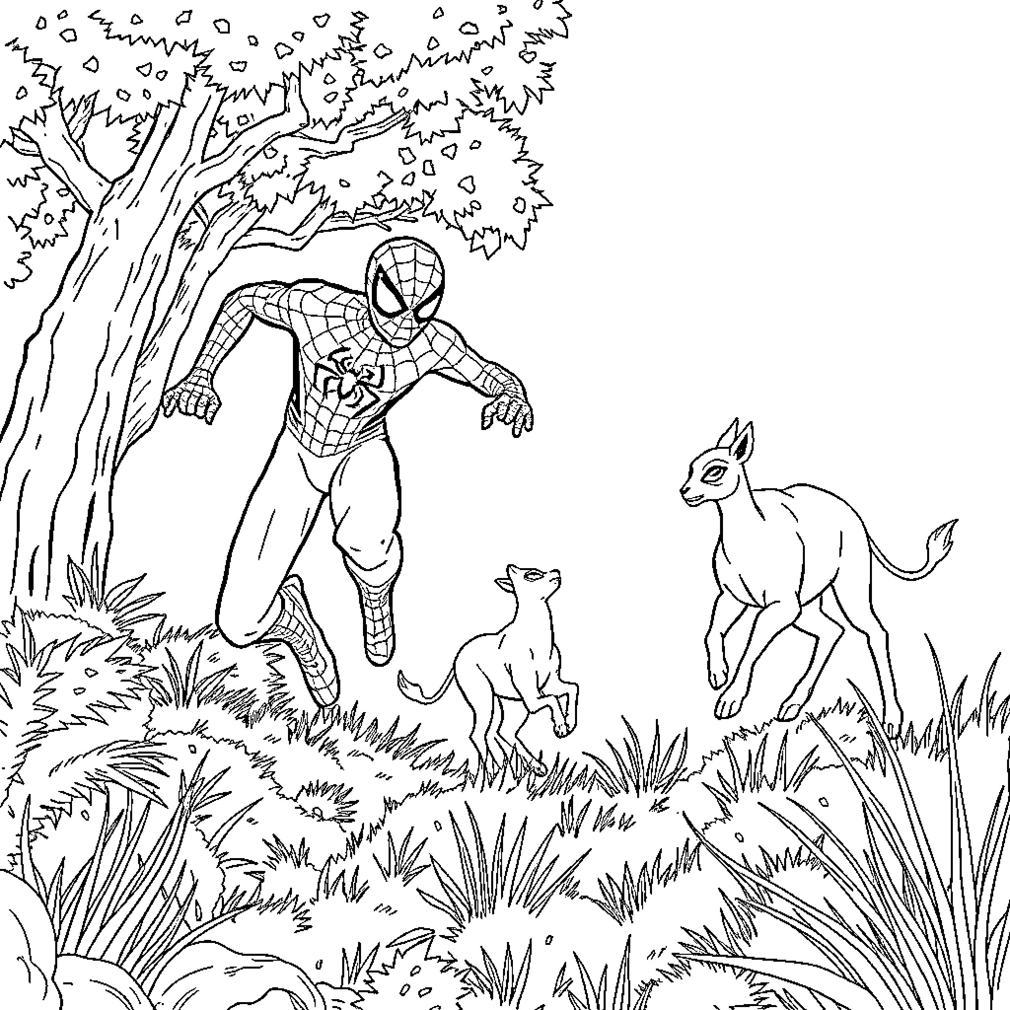 Spiderman swinging through the forest with animals Coloring Page (free black-and-white line drawing printable PDF for all, from beginners to advanced learners, including children, teens, adults, and seniors)