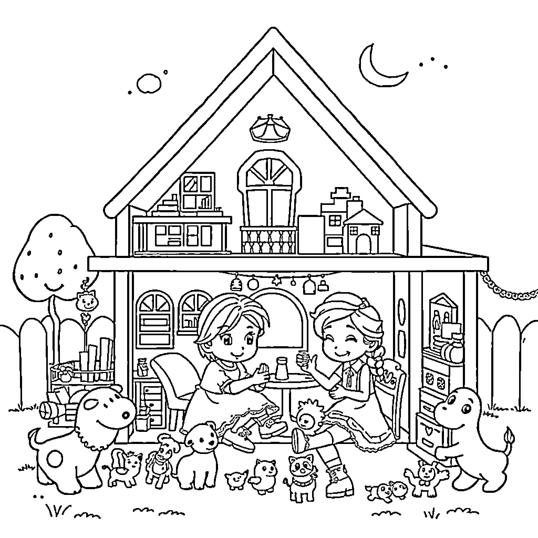 Gabby's Dollhouse - Children playing with toys in a cozy home Coloring Page (free black-and-white line drawing printable PDF for all, from beginners to advanced learners, including children, teens, adults, and seniors)