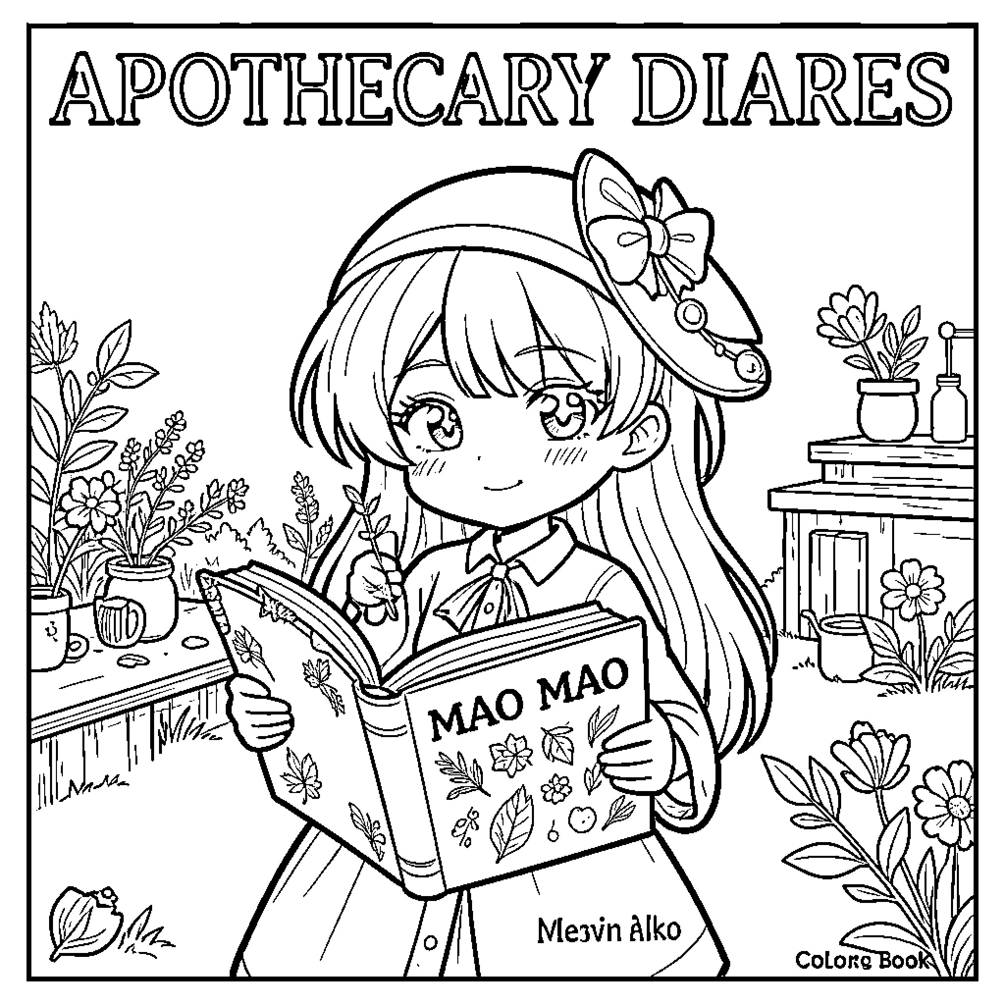 Mao Mao reading apothecary diaries in the garden Coloring Page (free black-and-white line drawing printable PDF for all, from beginners to advanced learners, including children, teens, adults, and seniors)