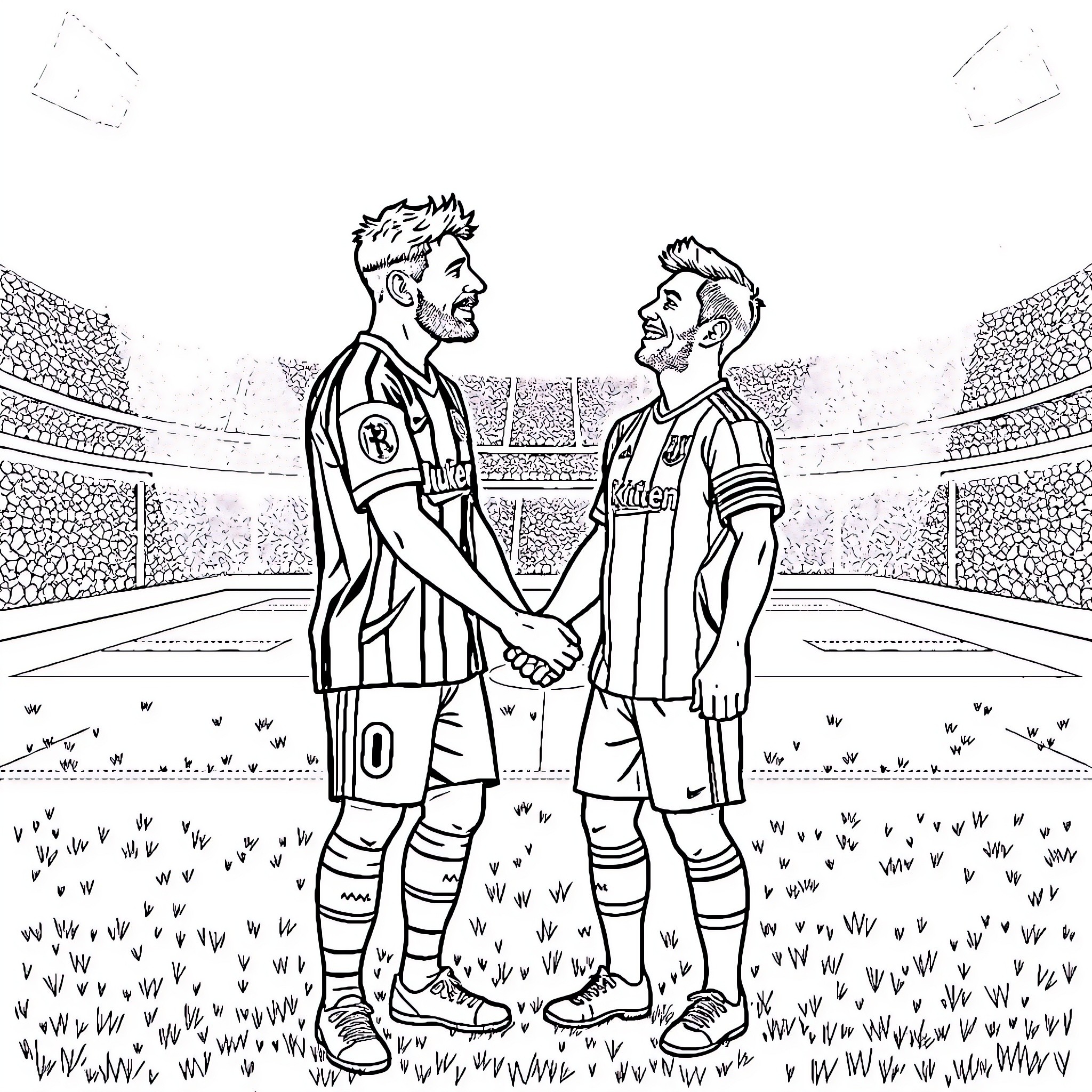 Ronaldo's Handshake with Opposing Player on the Field Coloring Page (free black-and-white line drawing printable PDF for all, from beginners to advanced learners, including children, teens, adults, and seniors)
