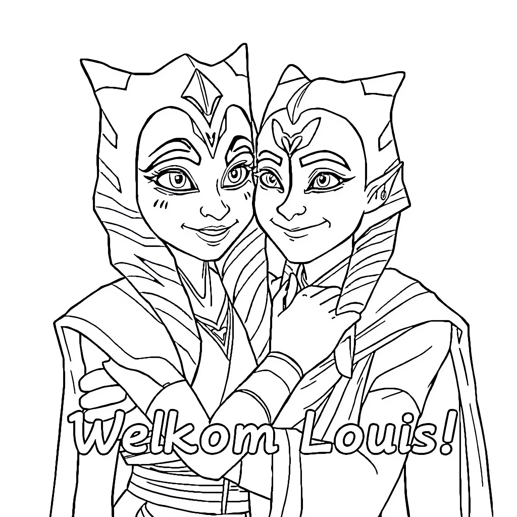Ahsoka and Anakin in Jedi Robes Coloring Page (free black-and-white line drawing printable PDF for all, from beginners to advanced learners, including children, teens, adults, and seniors)