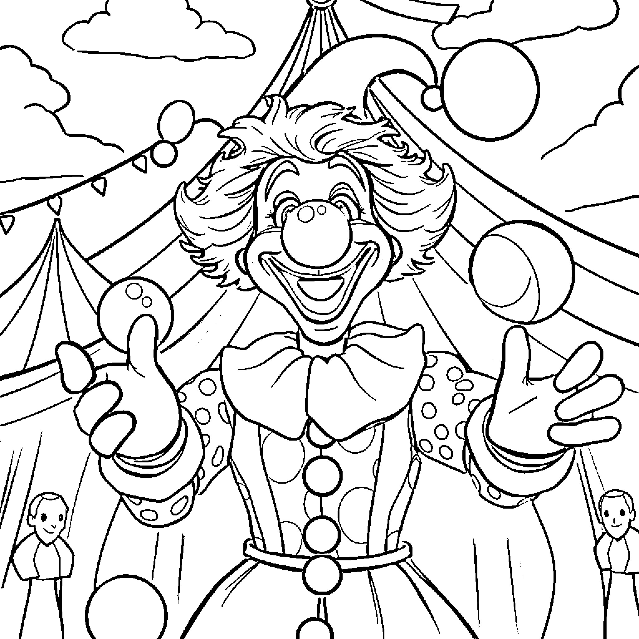 Clown performing at a colorful circus show Coloring Page (free black-and-white line drawing printable PDF for all, from beginners to advanced learners, including children, teens, adults, and seniors)