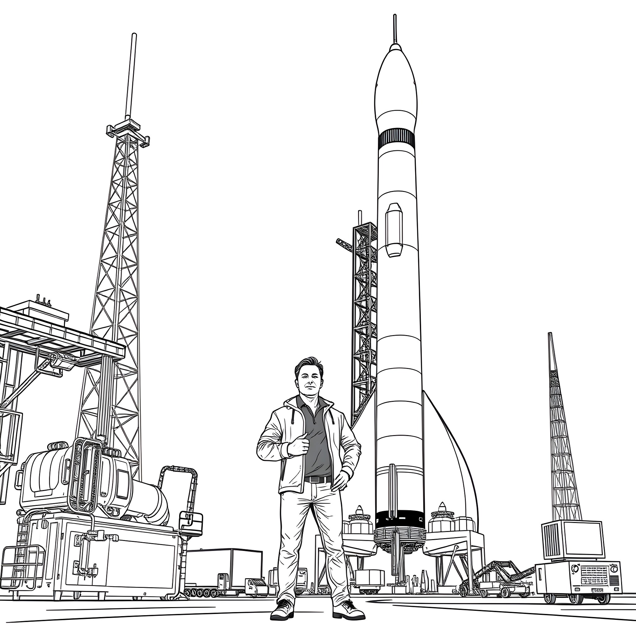 Elon Musk inspecting rocket launch preparations Coloring Page (free black-and-white line drawing printable PDF for all, from beginners to advanced learners, including children, teens, adults, and seniors)