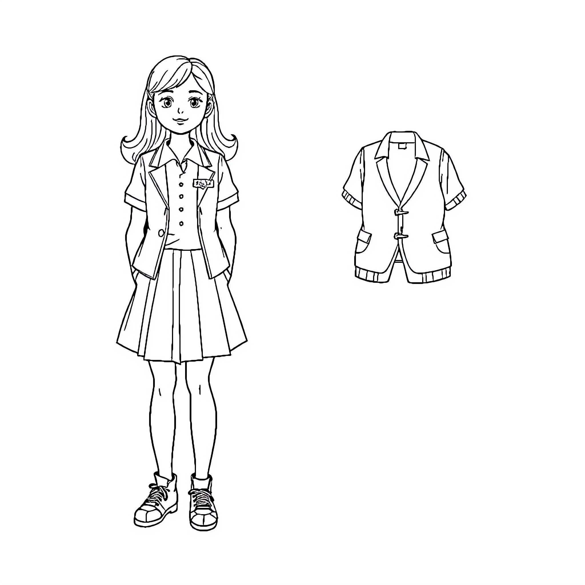Uniforme: Young girl in school attire Coloring Page (free black-and-white line drawing printable PDF for all, from beginners to advanced learners, including children, teens, adults, and seniors)