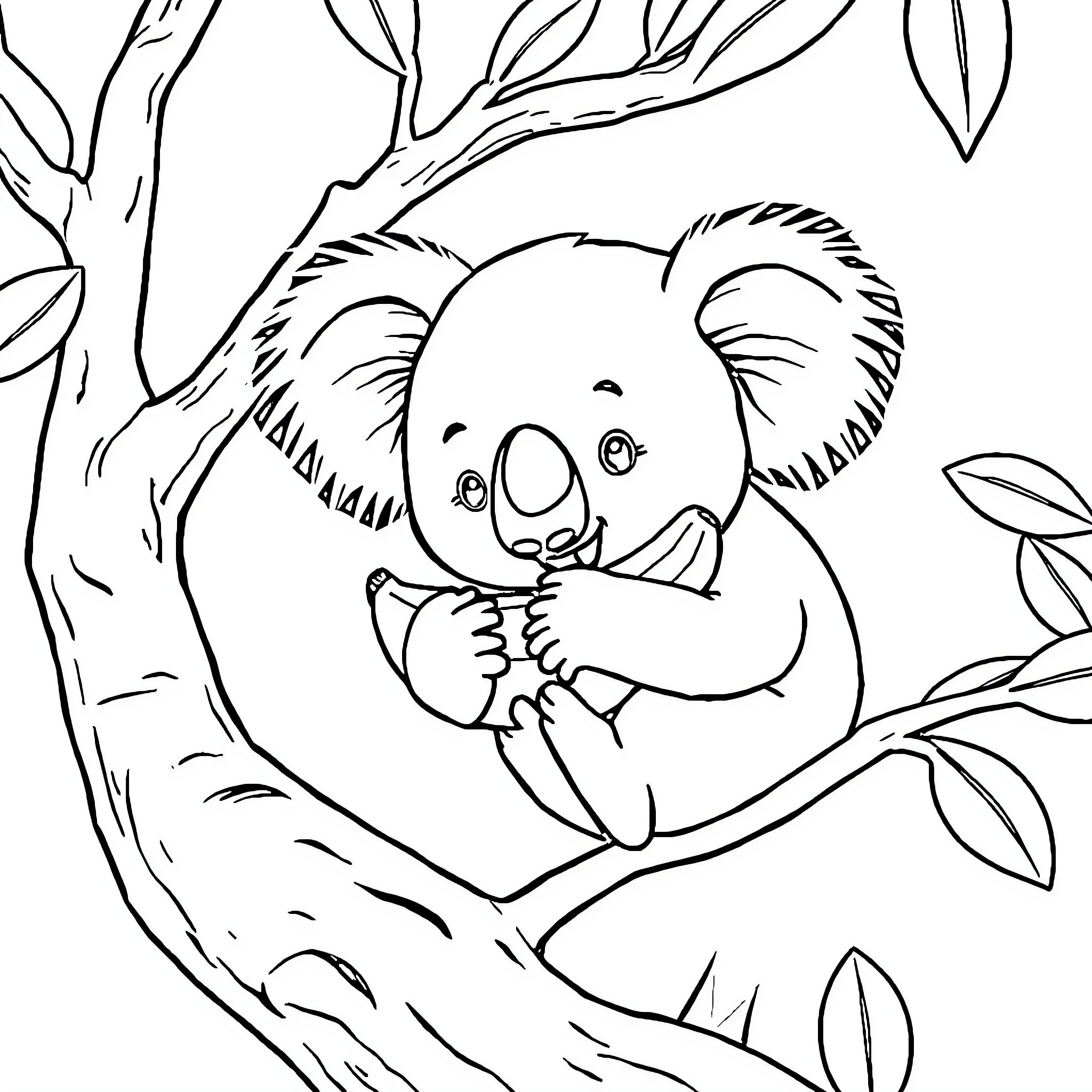 Koala Resting Peacefully in Tree Coloring Page (free black-and-white line drawing printable PDF for all, from beginners to advanced learners, including children, teens, adults, and seniors)