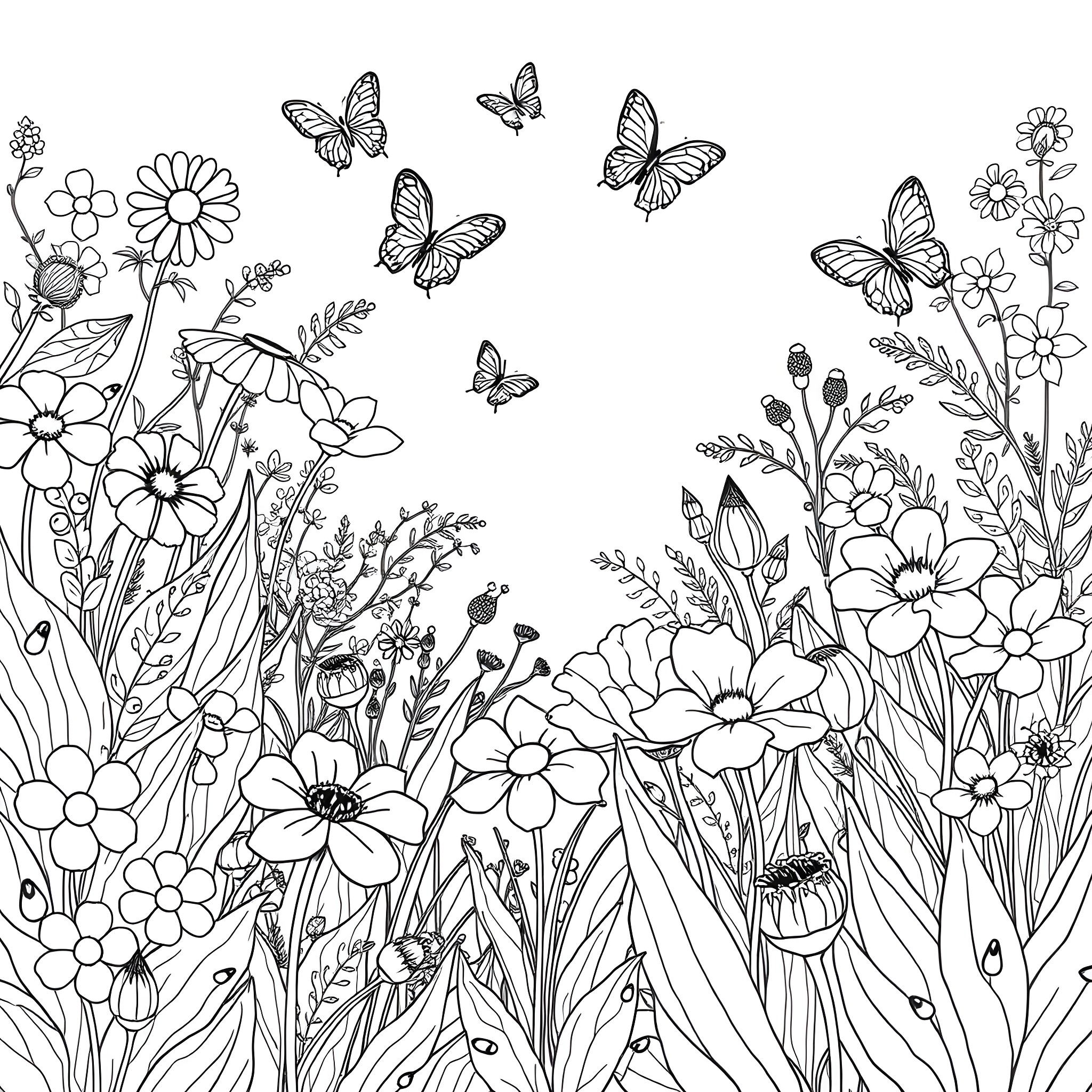 Butterfly Garden with Blooming Flowers Coloring Page (free black-and-white line drawing printable PDF for all, from beginners to advanced learners, including children, teens, adults, and seniors)