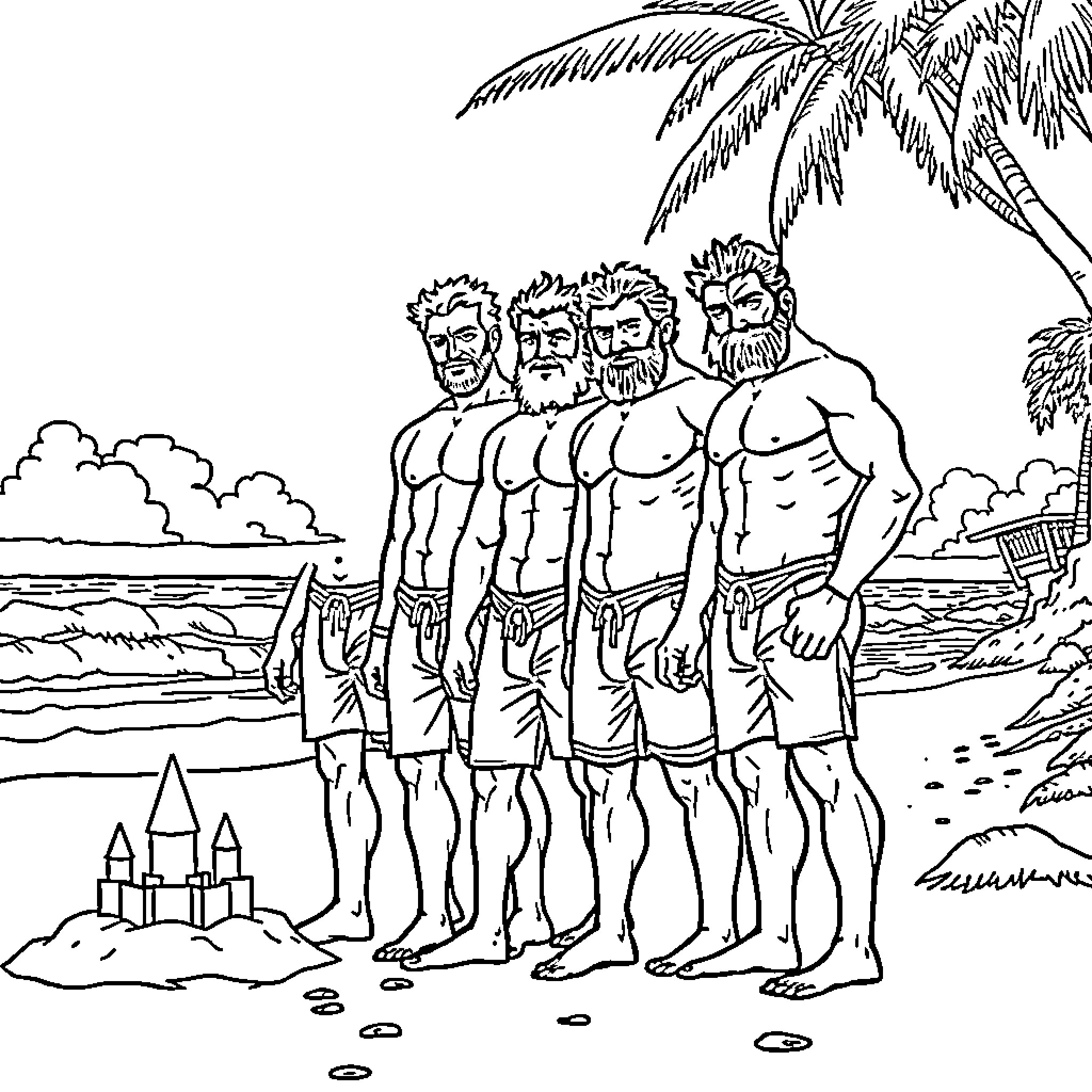 Man with muscular companions on a tropical beach Coloring Page (free black-and-white line drawing printable PDF for all, from beginners to advanced learners, including children, teens, adults, and seniors)