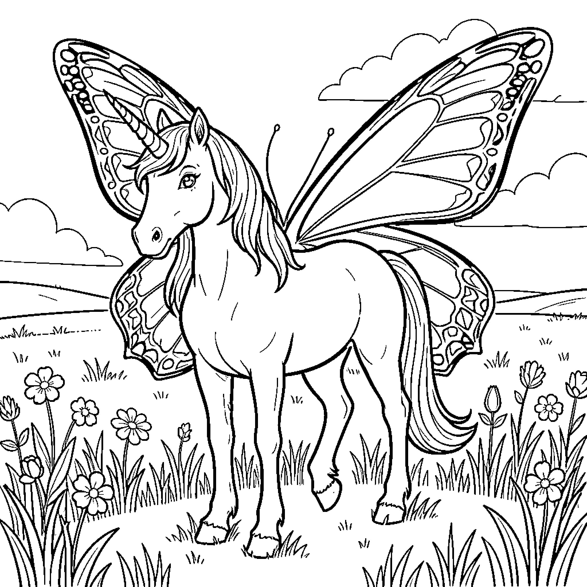 Unicorn with butterfly wings standing in a flower meadow Coloring Page (free black-and-white line drawing printable PDF for all, from beginners to advanced learners, including children, teens, adults, and seniors)