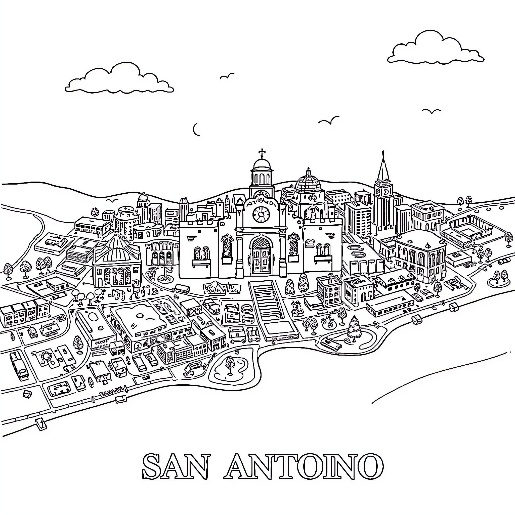 Map of Vibrant San Antonio Cityscape Coloring Page (free black-and-white line drawing printable PDF for all, from beginners to advanced learners, including children, teens, adults, and seniors)