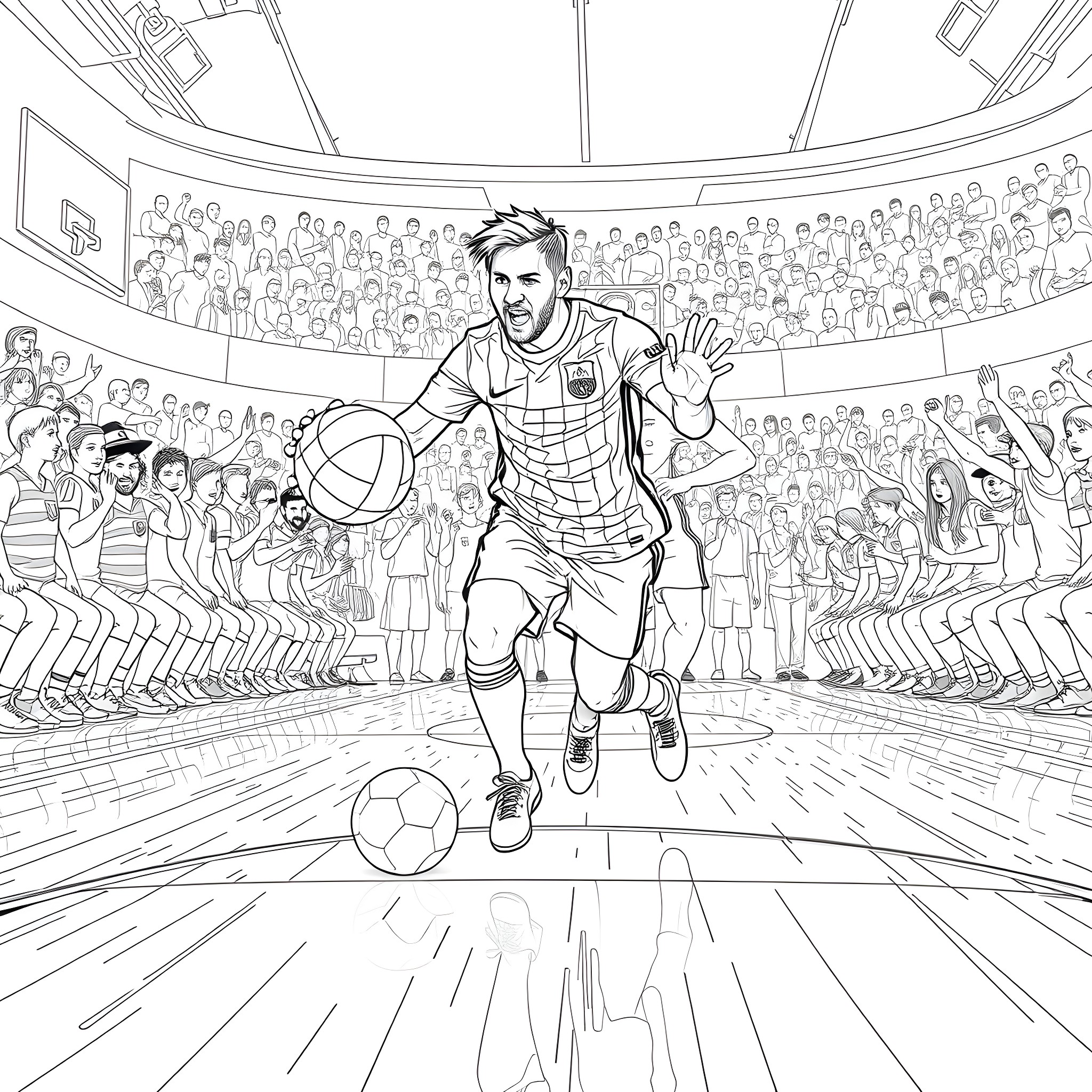 Messi Dribbling and Scoring on a Crowded Court Coloring Page (free black-and-white line drawing printable PDF for all, from beginners to advanced learners, including children, teens, adults, and seniors)