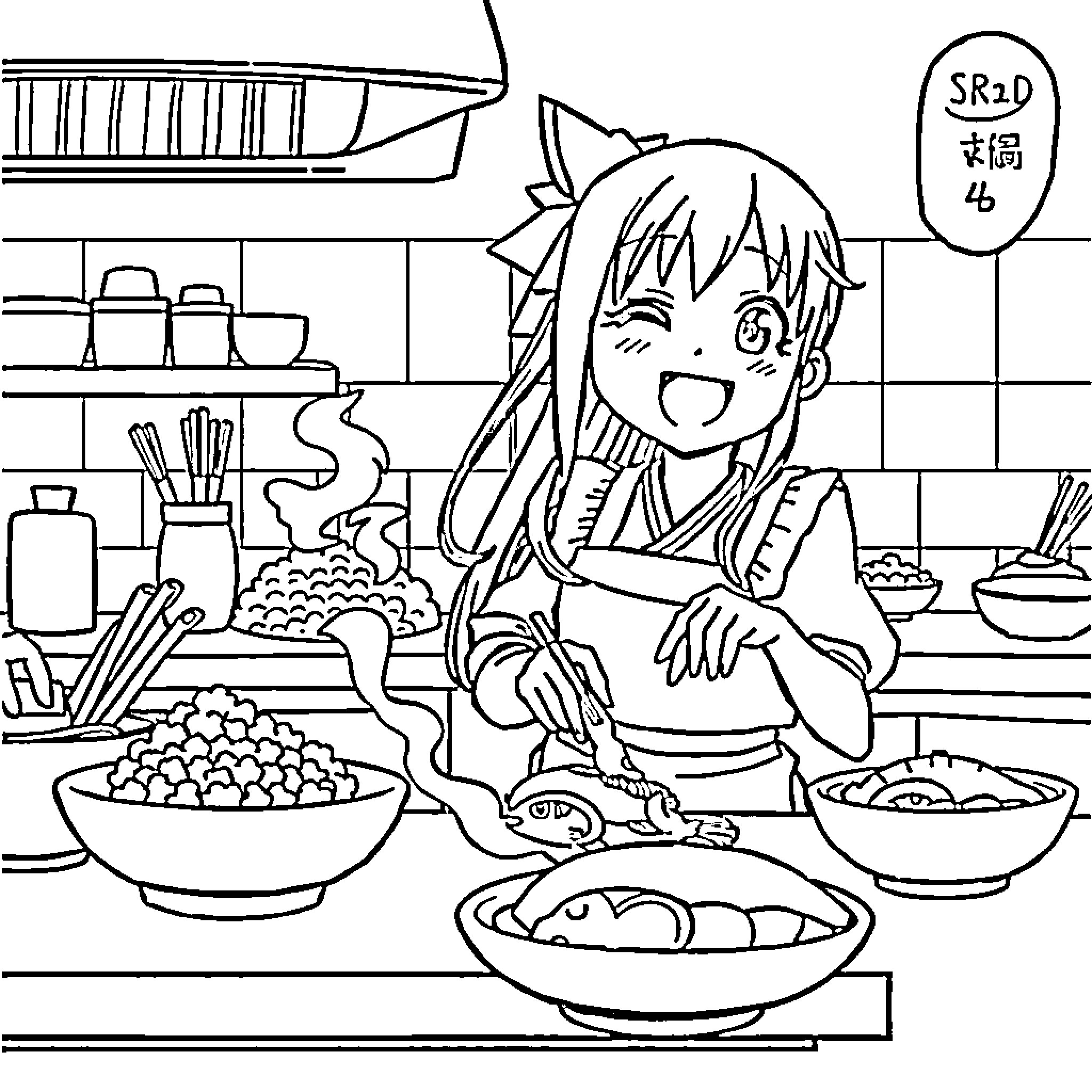 Kuromi cooking delicious dishes in the kitchen Coloring Page (free black-and-white line drawing printable PDF for all, from beginners to advanced learners, including children, teens, adults, and seniors)