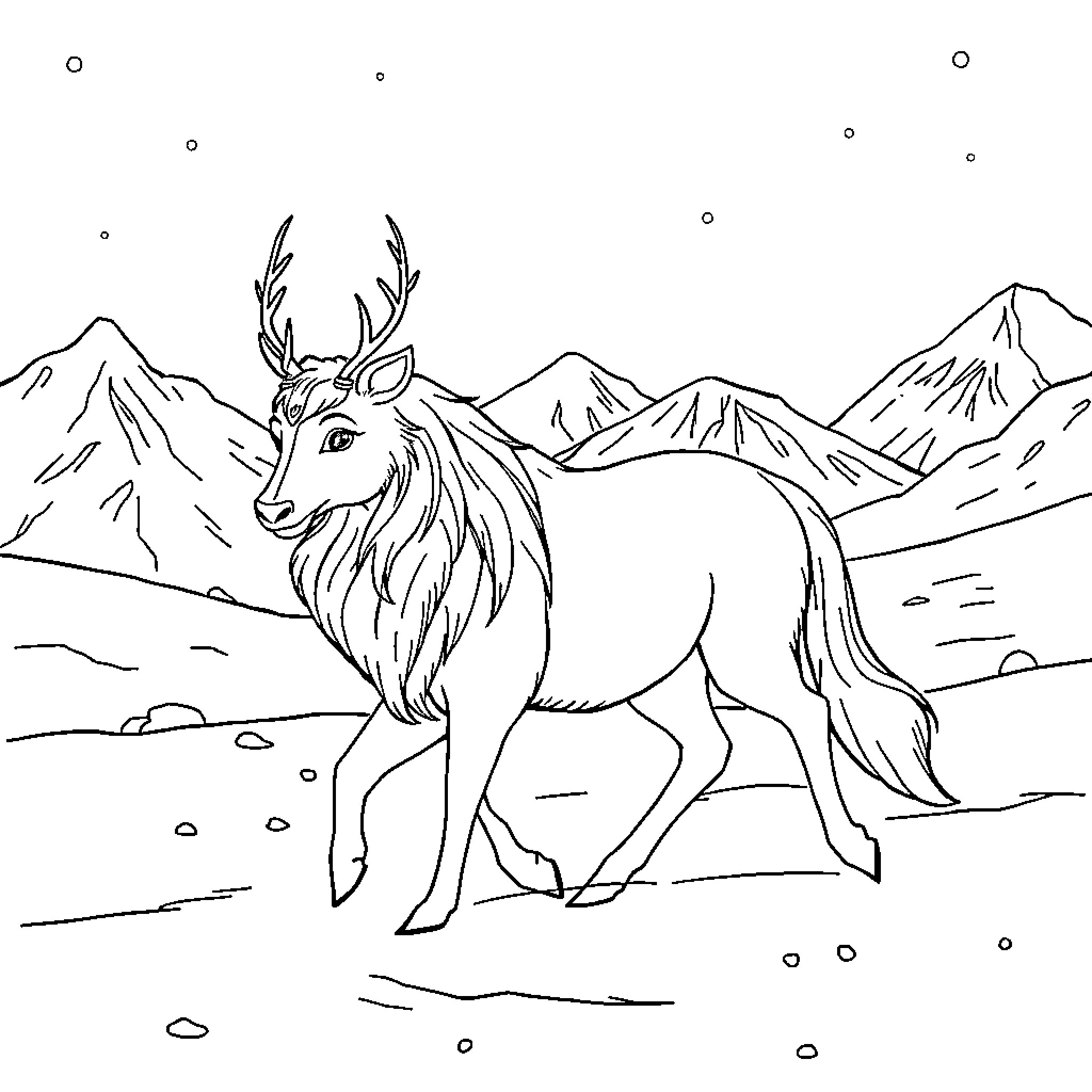 Queen stag wandering majestic mountain landscape Coloring Page (free black-and-white line drawing printable PDF for all, from beginners to advanced learners, including children, teens, adults, and seniors)