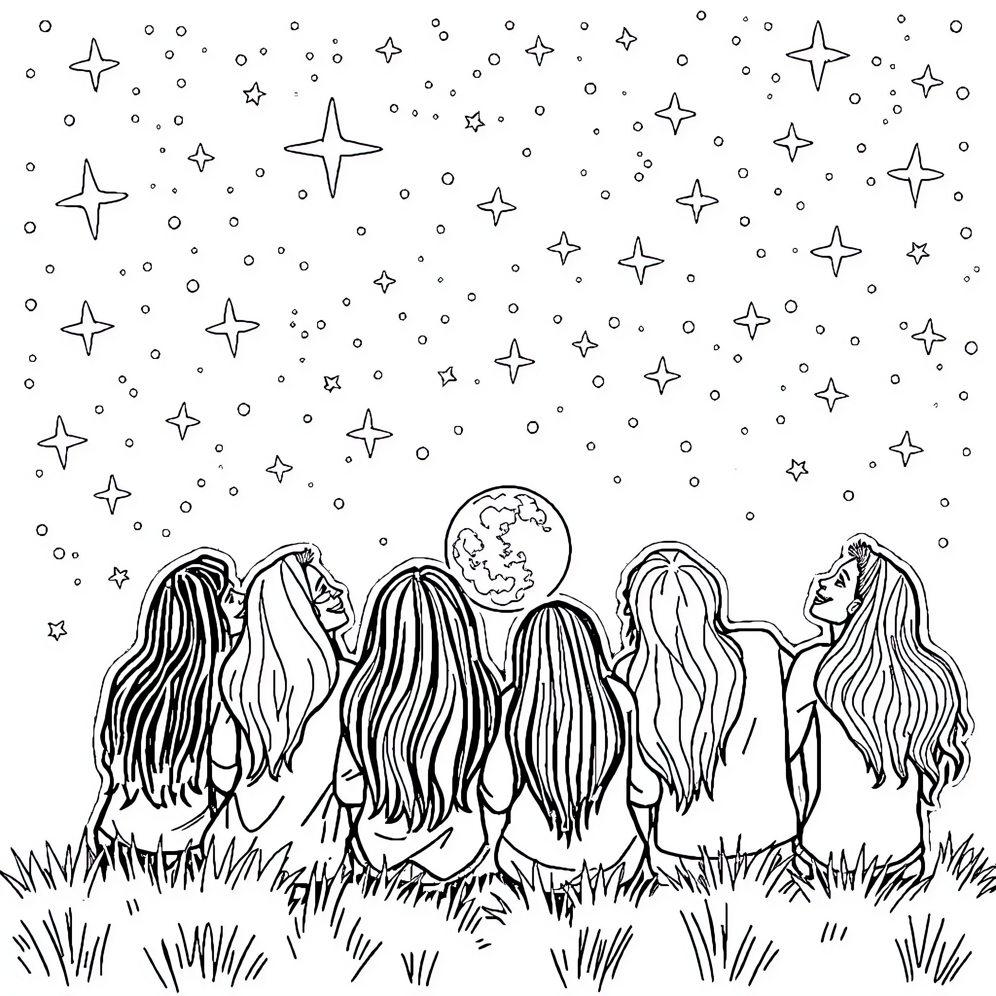 Aquarius: Celestial Silhouettes under the Starry Sky Coloring Page (free black-and-white line drawing printable PDF for all, from beginners to advanced learners, including children, teens, adults, and seniors)