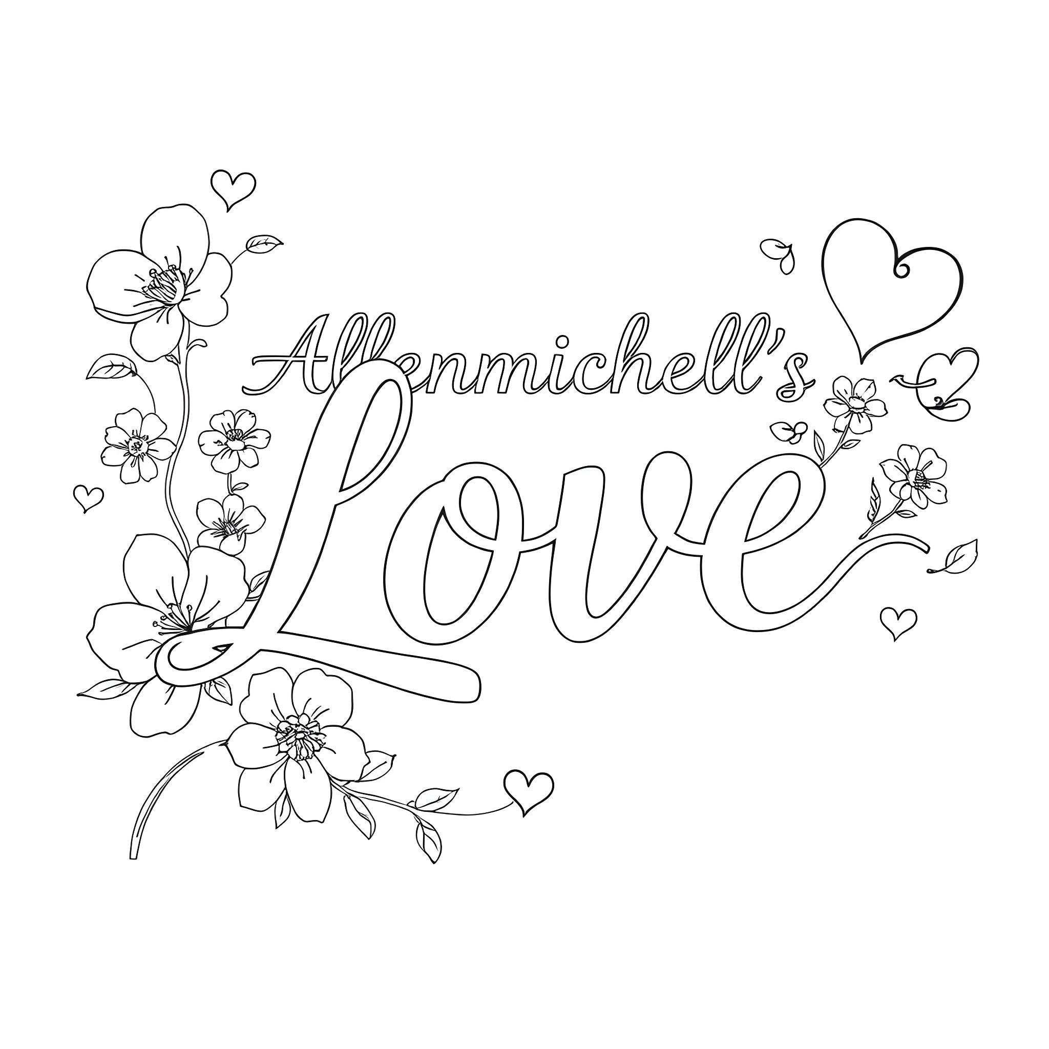 Font Floral Love with Heart Shapes Coloring Page (free black-and-white line drawing printable PDF for all, from beginners to advanced learners, including children, teens, adults, and seniors)