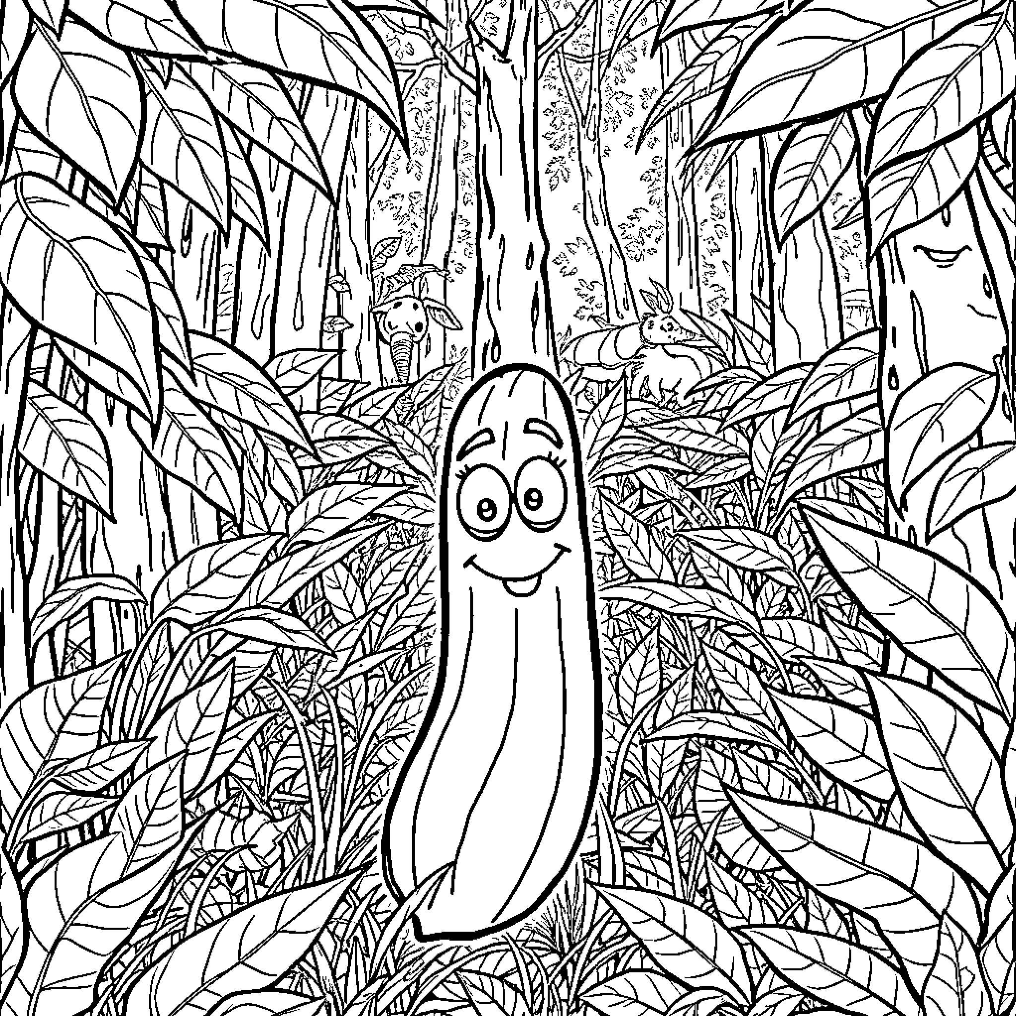 Cucumber exploring the enchanted forest Coloring Page (free black-and-white line drawing printable PDF for all, from beginners to advanced learners, including children, teens, adults, and seniors)