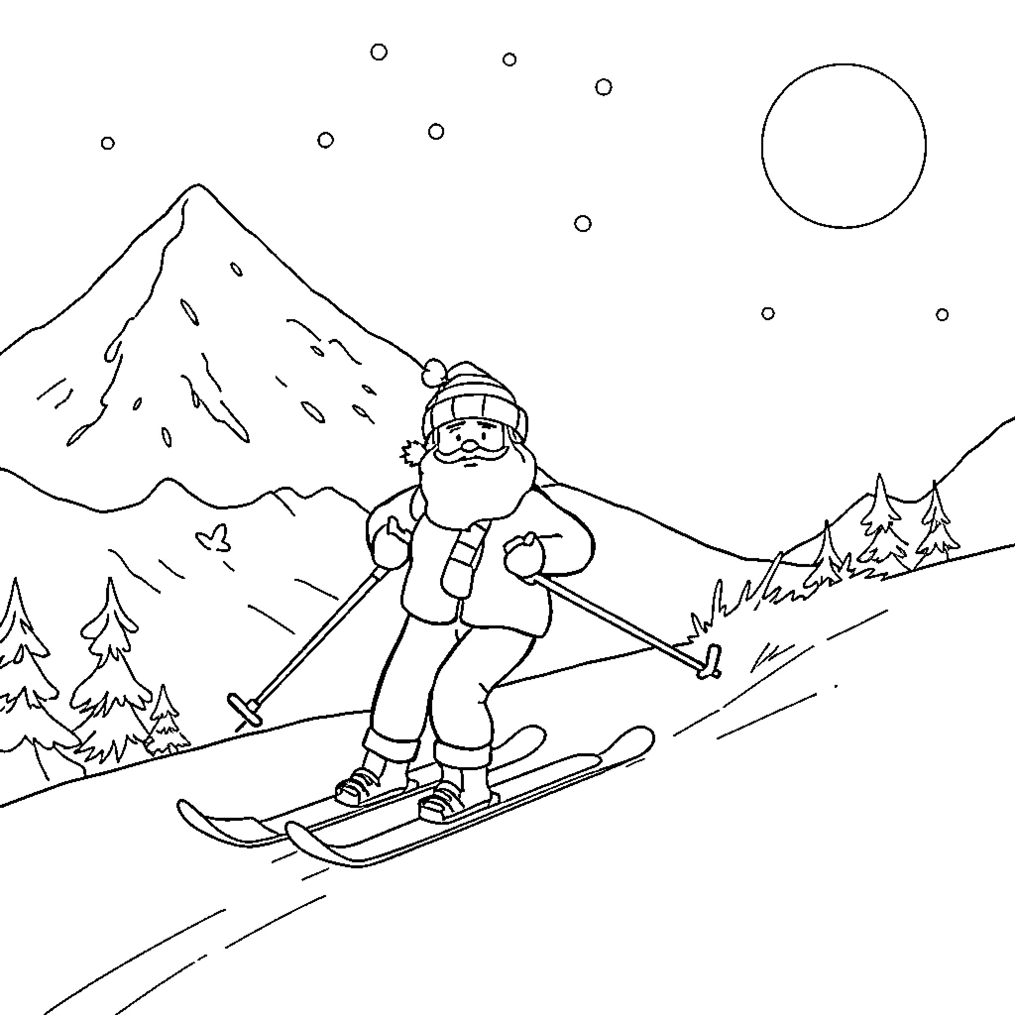 Santa Claus skiing down a snowy mountain Coloring Page (free black-and-white line drawing printable PDF for all, from beginners to advanced learners, including children, teens, adults, and seniors)