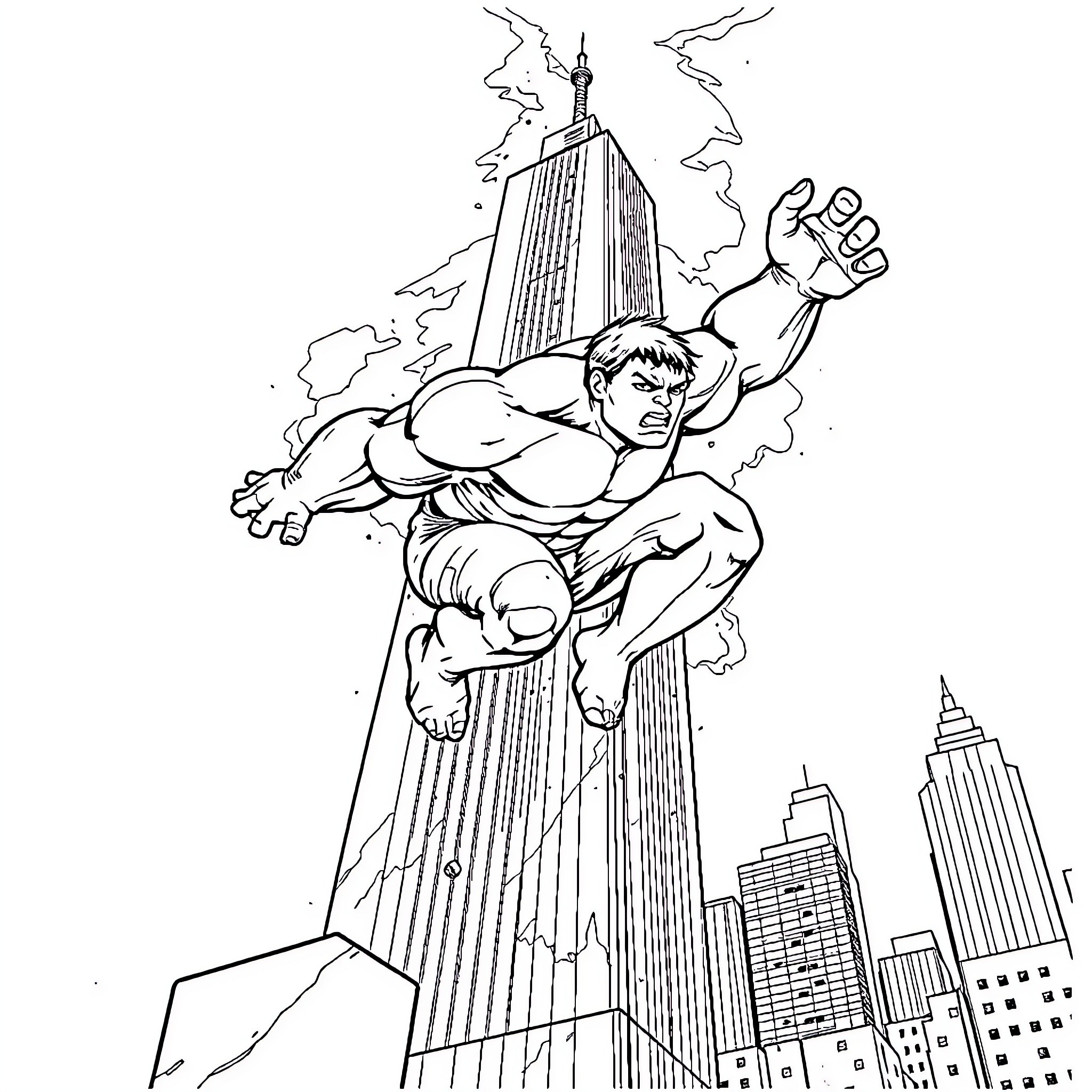 Hulk Destroying Skyscrapers in the City Coloring Page (free black-and-white line drawing printable PDF for all, from beginners to advanced learners, including children, teens, adults, and seniors)