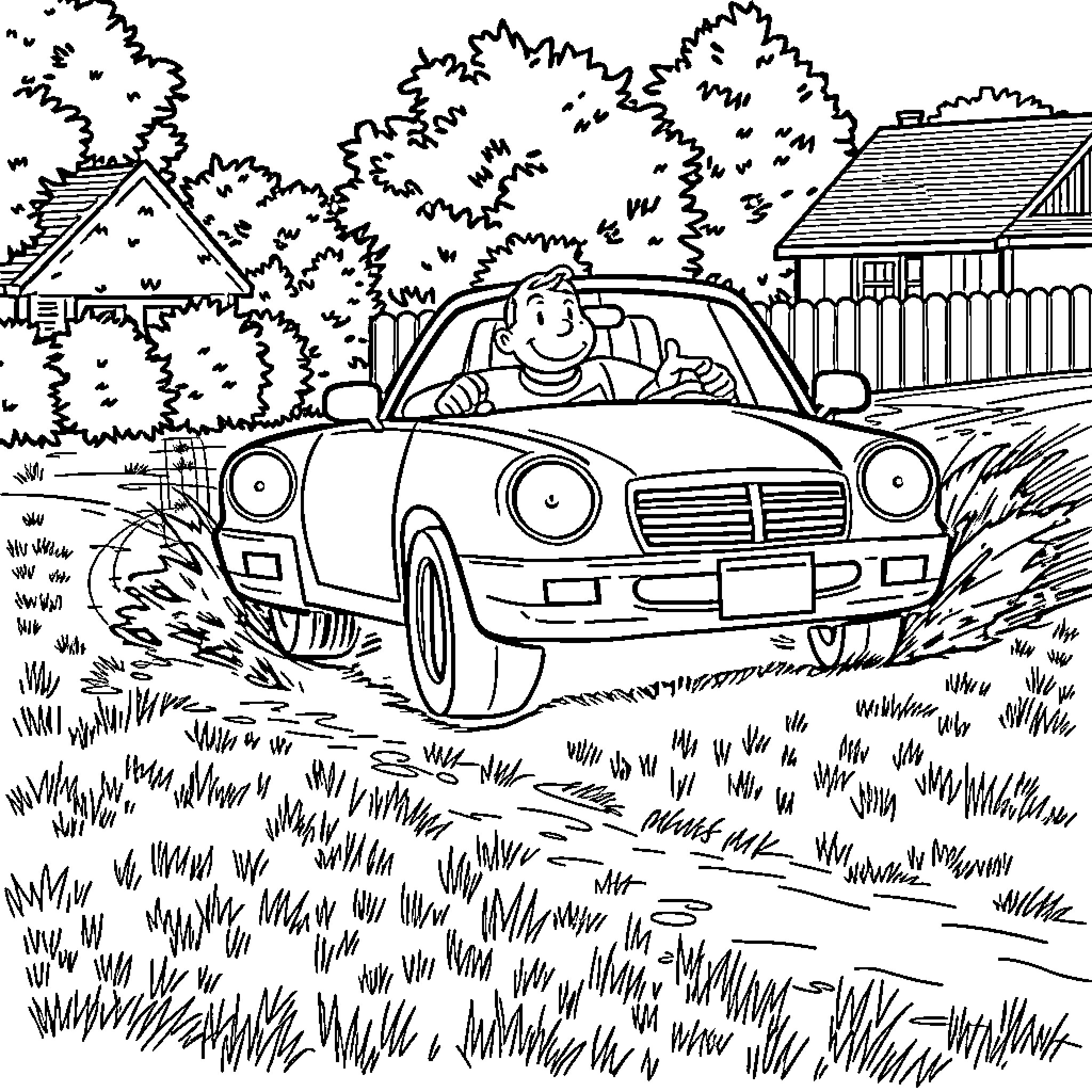 Car driving through rural neighborhood Coloring Page (free black-and-white line drawing printable PDF for all, from beginners to advanced learners, including children, teens, adults, and seniors)