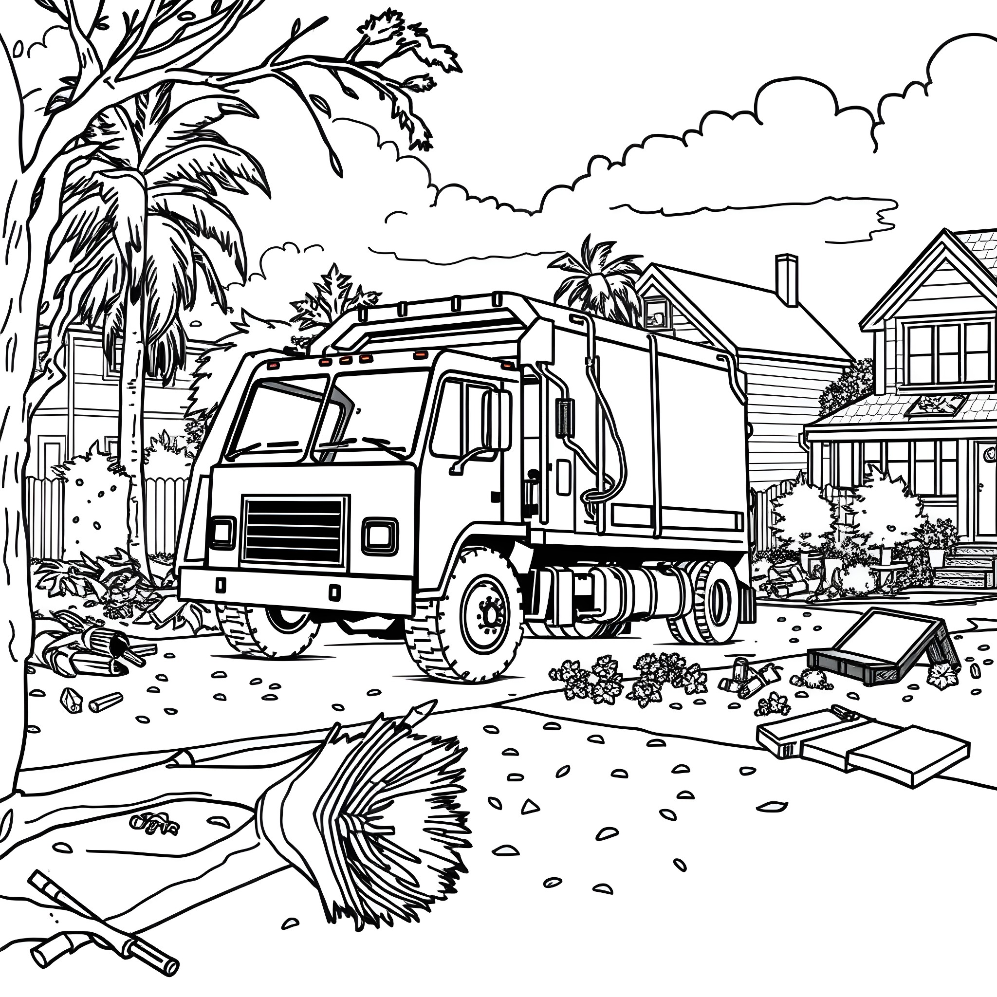 Garbage Truck Collecting Waste in a Neighborhood Coloring Page (free black-and-white line drawing printable PDF for all, from beginners to advanced learners, including children, teens, adults, and seniors)