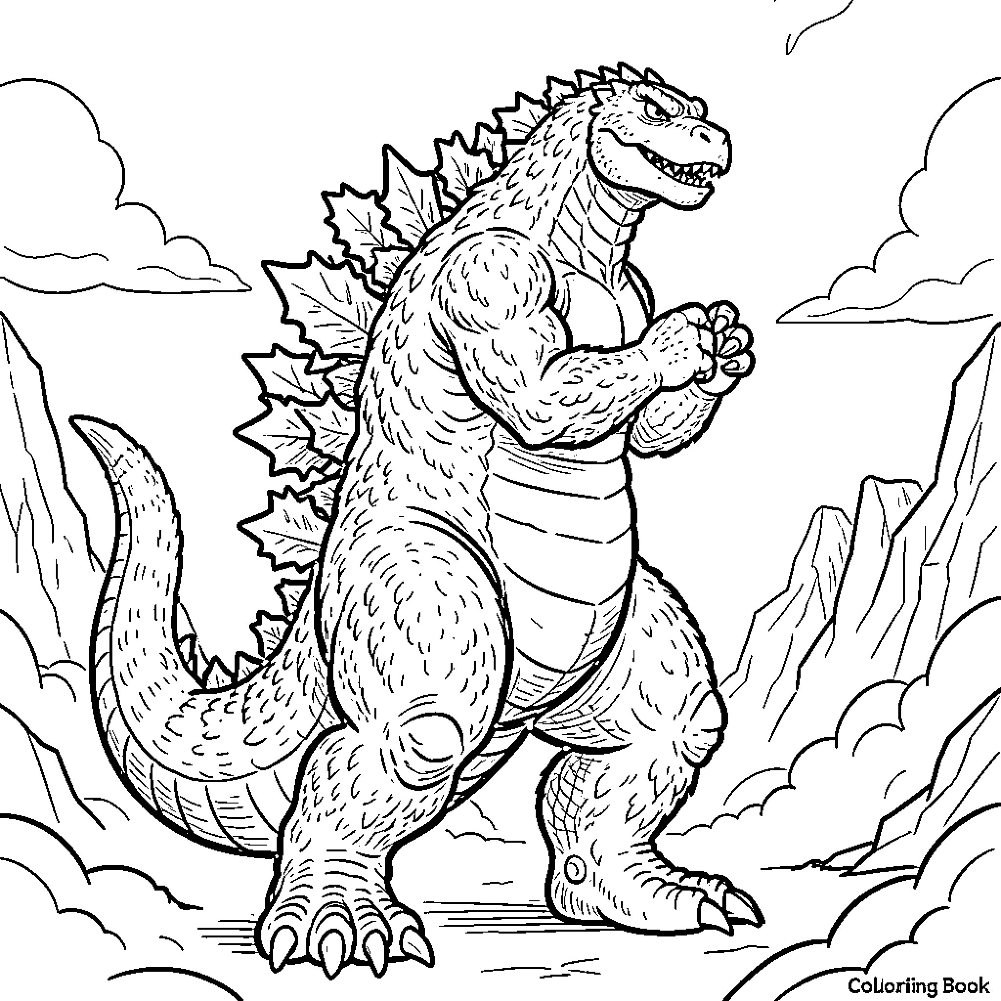 Godzilla standing powerfully amidst rocky mountains Coloring Page (free black-and-white line drawing printable PDF for all, from beginners to advanced learners, including children, teens, adults, and seniors)