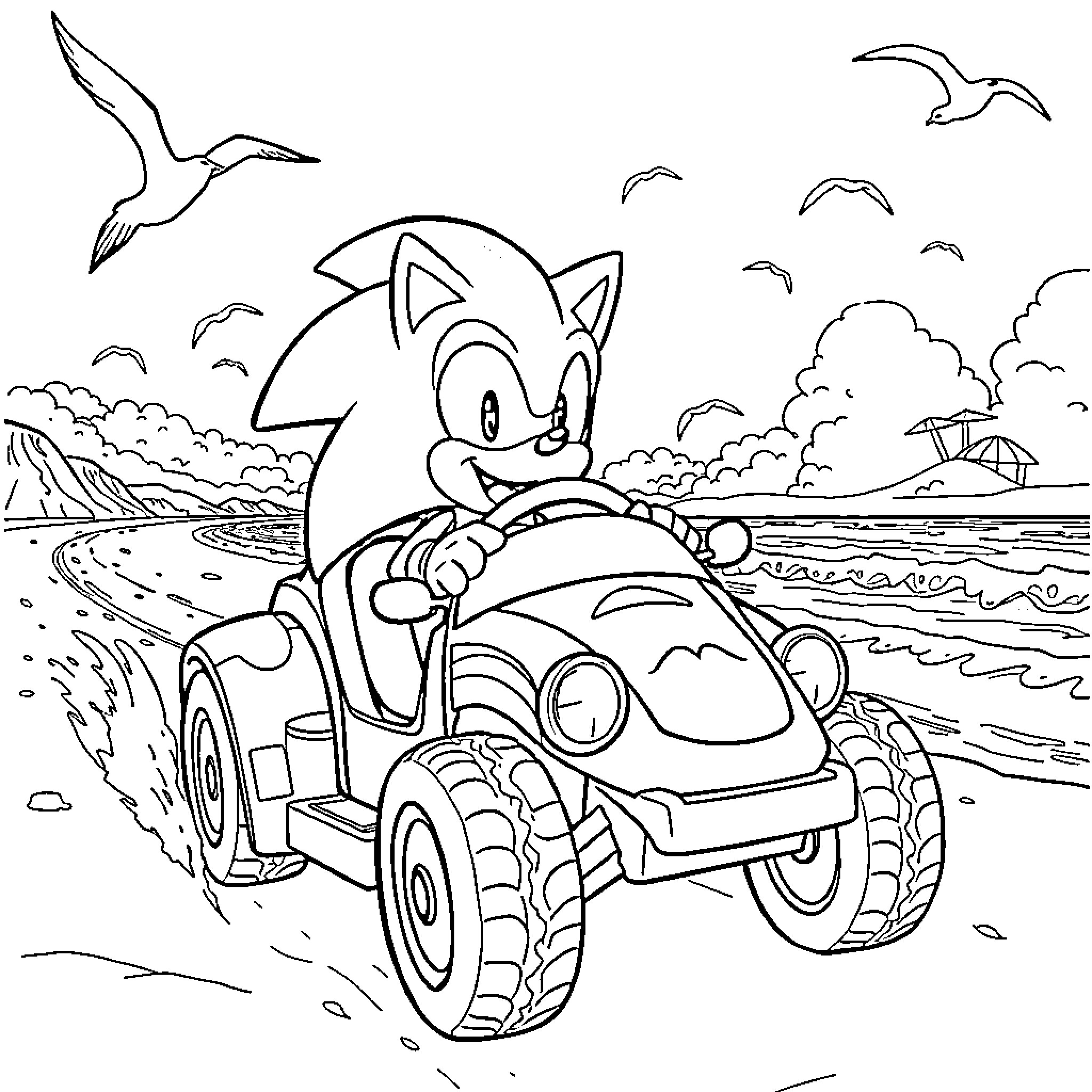 Sonic driving a buggy along the beach Coloring Page (free black-and-white line drawing printable PDF for all, from beginners to advanced learners, including children, teens, adults, and seniors)