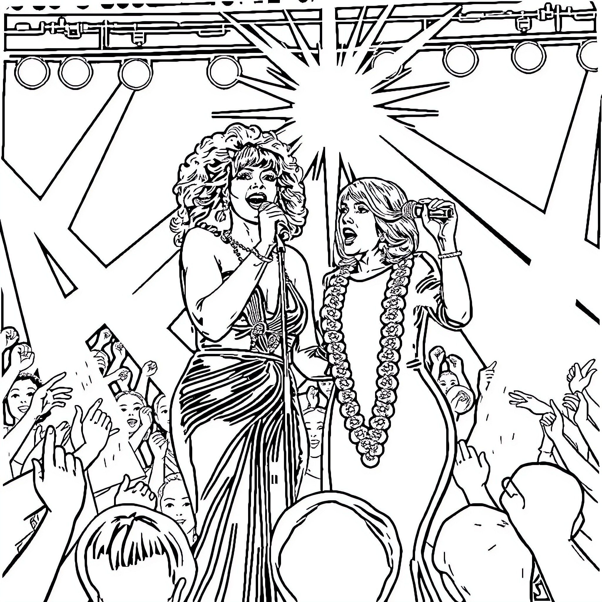 Donna Summer performing on stage with a backup dancer Coloring Page (free black-and-white line drawing printable PDF for all, from beginners to advanced learners, including children, teens, adults, and seniors)