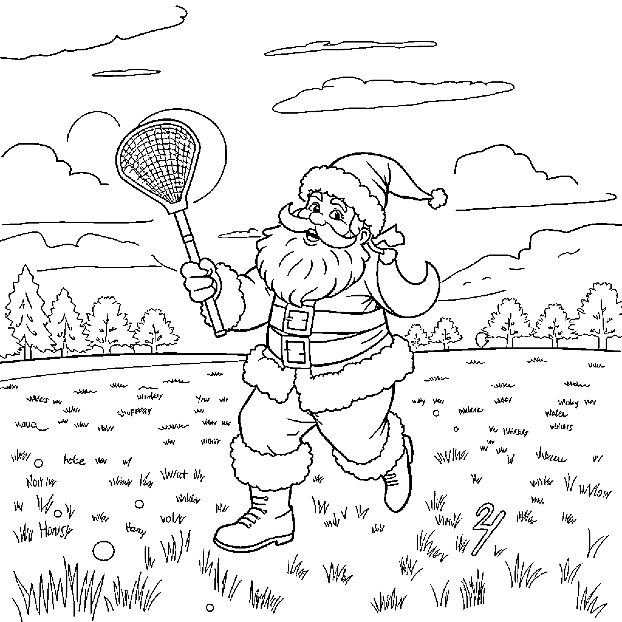 Santa Enjoying Outdoor Adventures with Tennis Racket Coloring Page (free black-and-white line drawing printable PDF for all, from beginners to advanced learners, including children, teens, adults, and seniors)