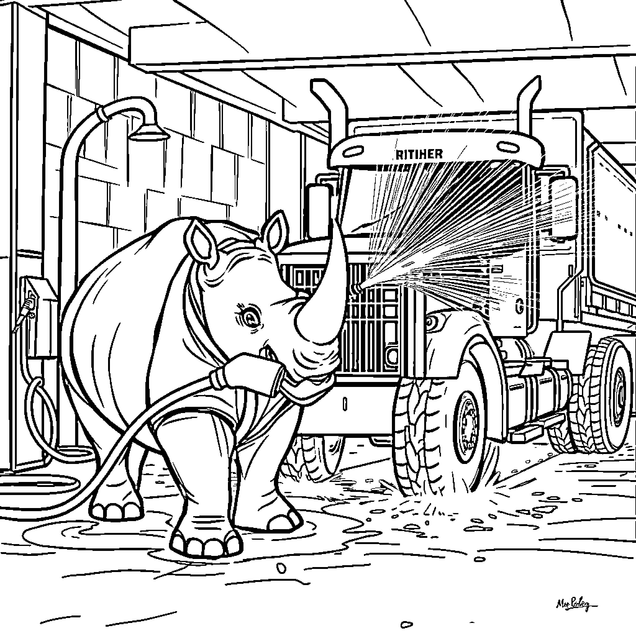 Rhino operating a construction vehicle in a garage Coloring Page (free black-and-white line drawing printable PDF for all, from beginners to advanced learners, including children, teens, adults, and seniors)