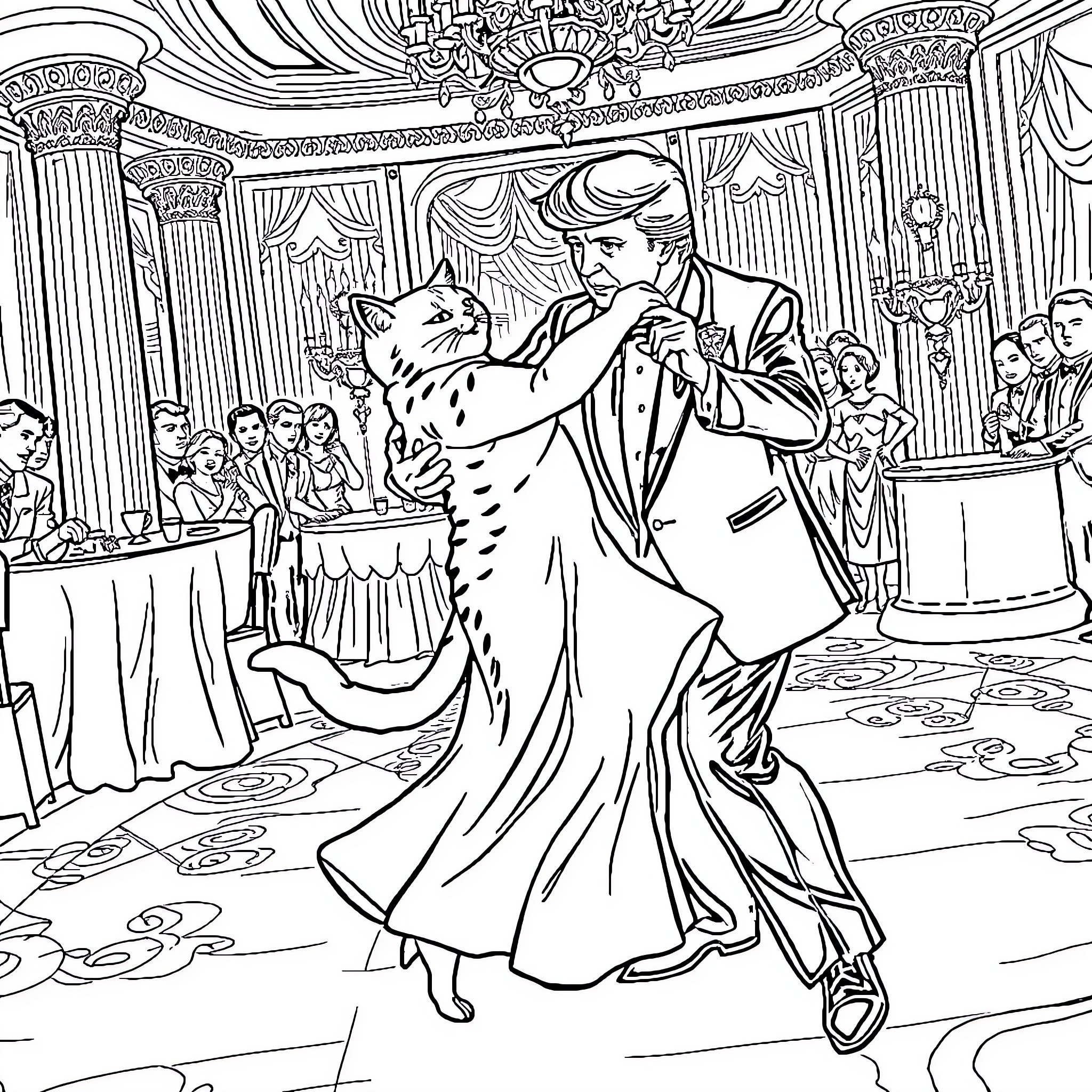 Trump and his partner dancing at a formal event Coloring Page (free black-and-white line drawing printable PDF for all, from beginners to advanced learners, including children, teens, adults, and seniors)