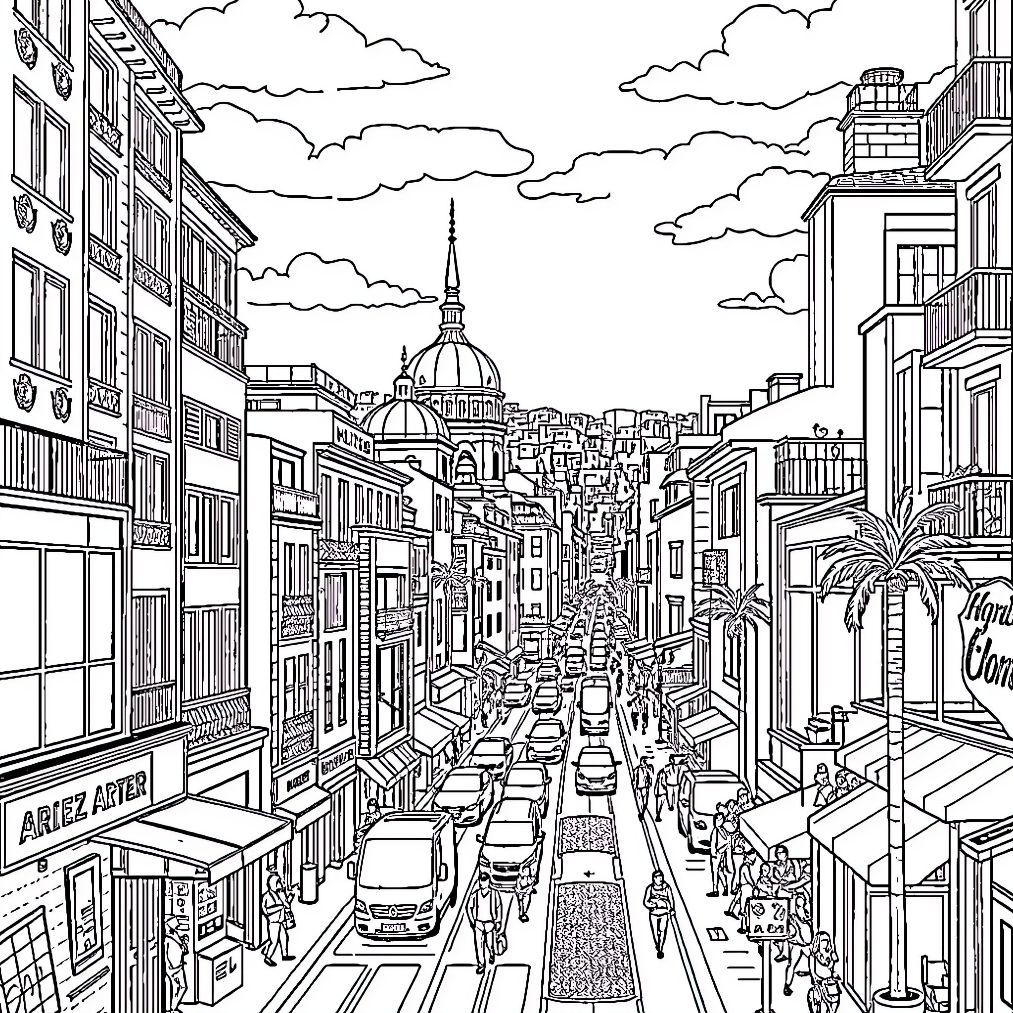 Neubla Bustling City Street with Architectural Wonders Coloring Page (free black-and-white line drawing printable PDF for all, from beginners to advanced learners, including children, teens, adults, and seniors)
