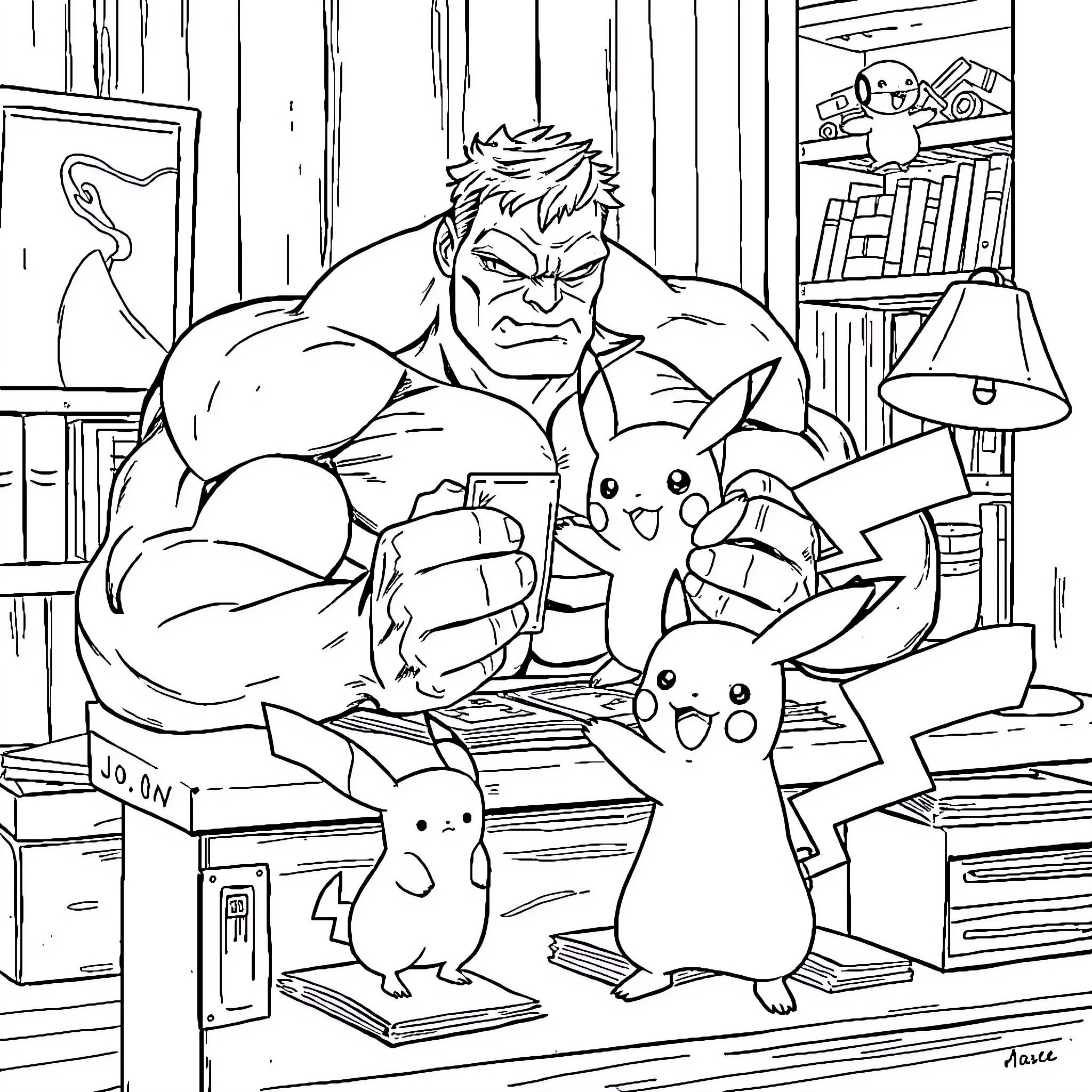 Hulk relaxing with Pokemon characters in his office Coloring Page (free black-and-white line drawing printable PDF for all, from beginners to advanced learners, including children, teens, adults, and seniors)