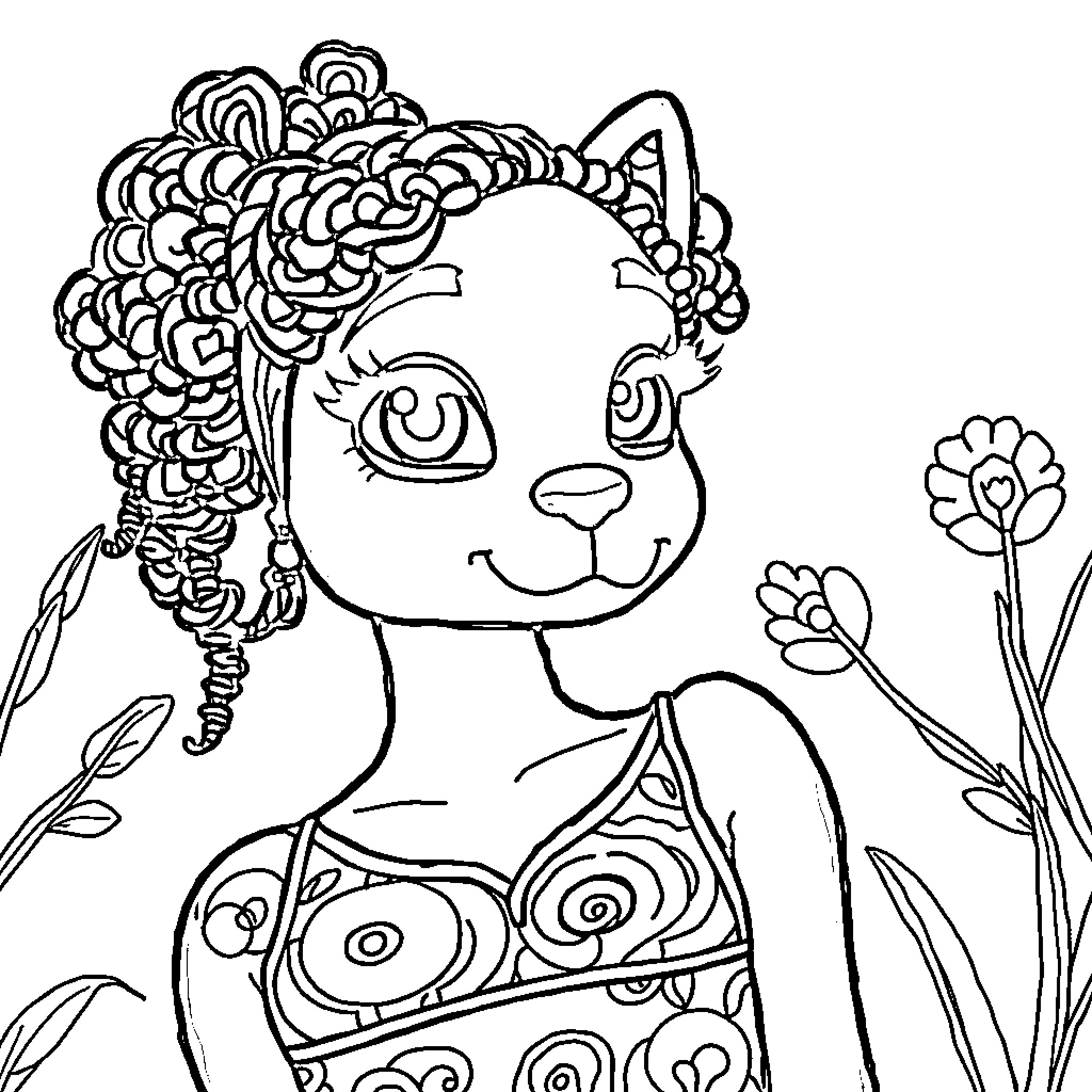 Bluey enjoying flowers and nature Coloring Page (free black-and-white line drawing printable PDF for all, from beginners to advanced learners, including children, teens, adults, and seniors)
