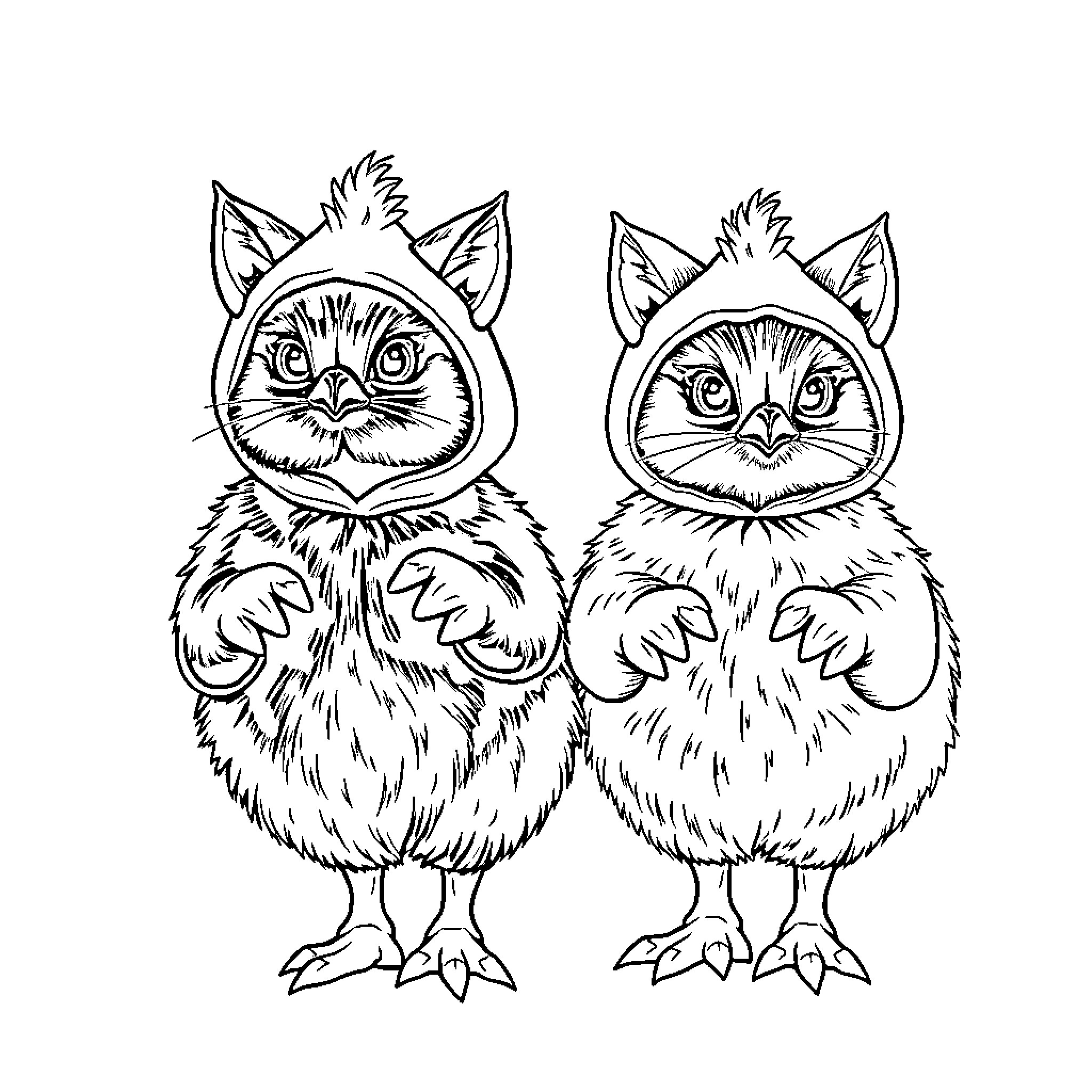Silkie Chickens with Curious Expressions Coloring Page (free black-and-white line drawing printable PDF for all, from beginners to advanced learners, including children, teens, adults, and seniors)
