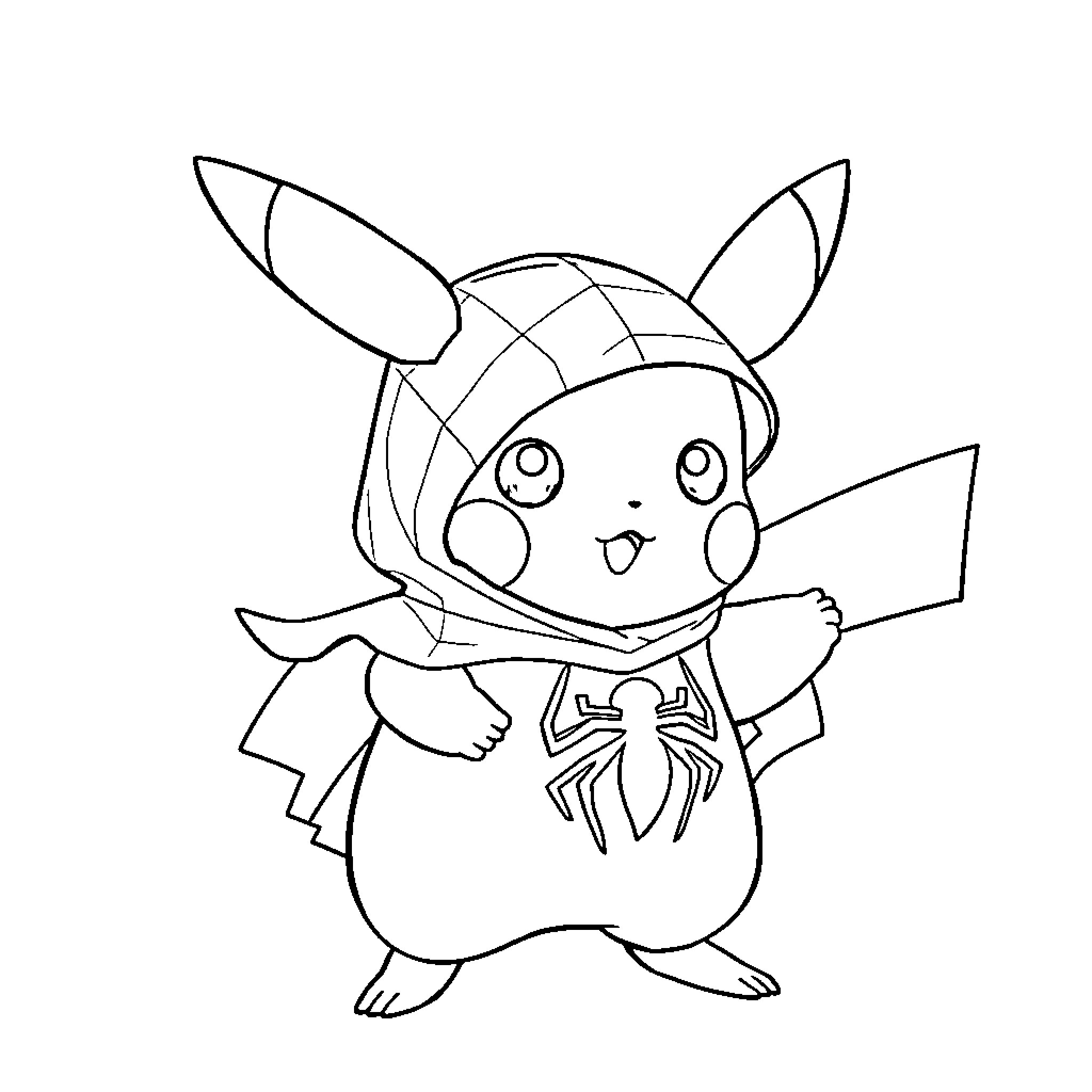 Pikachu dressed as Spider-Man character Coloring Page (free black-and-white line drawing printable PDF for all, from beginners to advanced learners, including children, teens, adults, and seniors)