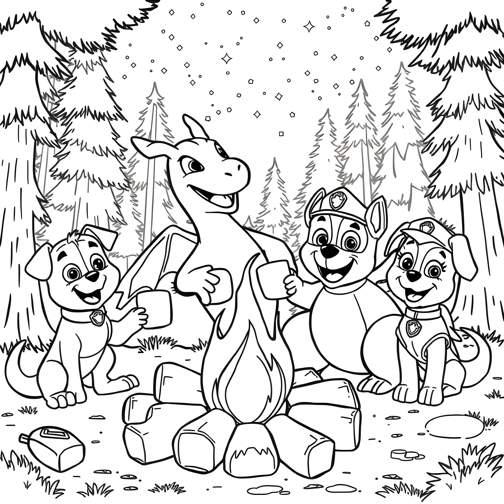 Charizard and Paw Patrol Pups Enjoy Winter Wonderland Coloring Page (free black-and-white line drawing printable PDF for all, from beginners to advanced learners, including children, teens, adults, and seniors)