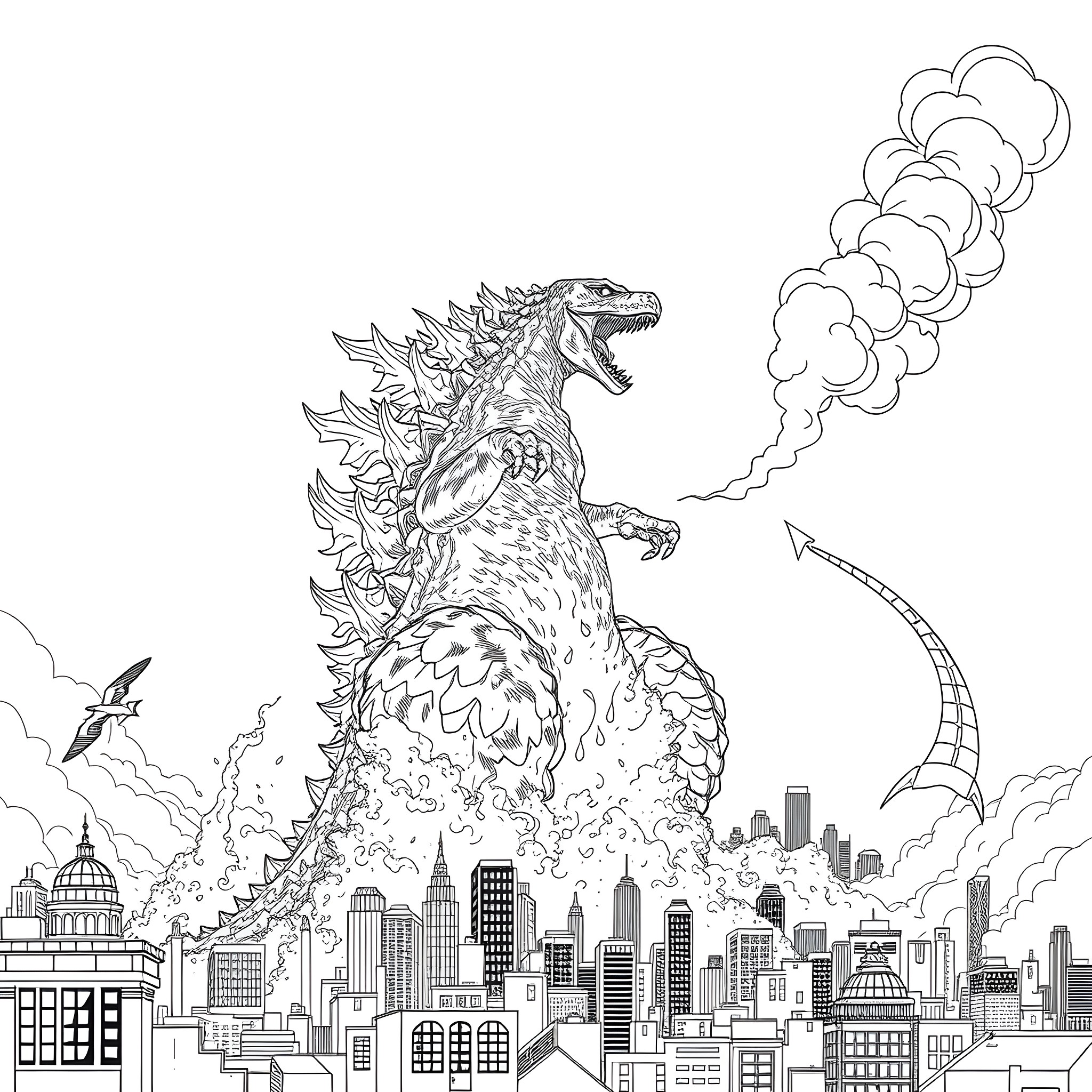 Godzilla rampaging through the city skyline Coloring Page (free black-and-white line drawing printable PDF for all, from beginners to advanced learners, including children, teens, adults, and seniors)